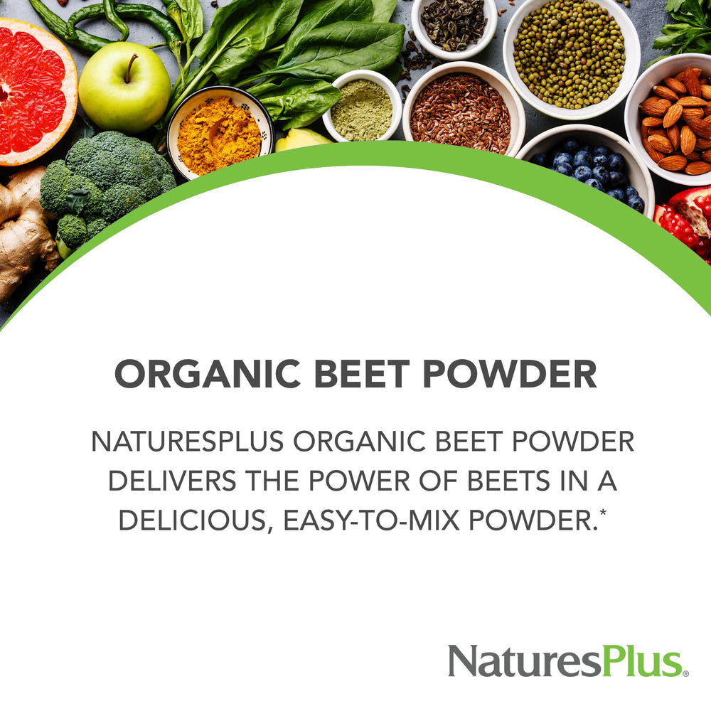 NaturesPlus Organic Beet Powder scoop ready for precise smoothie prep.