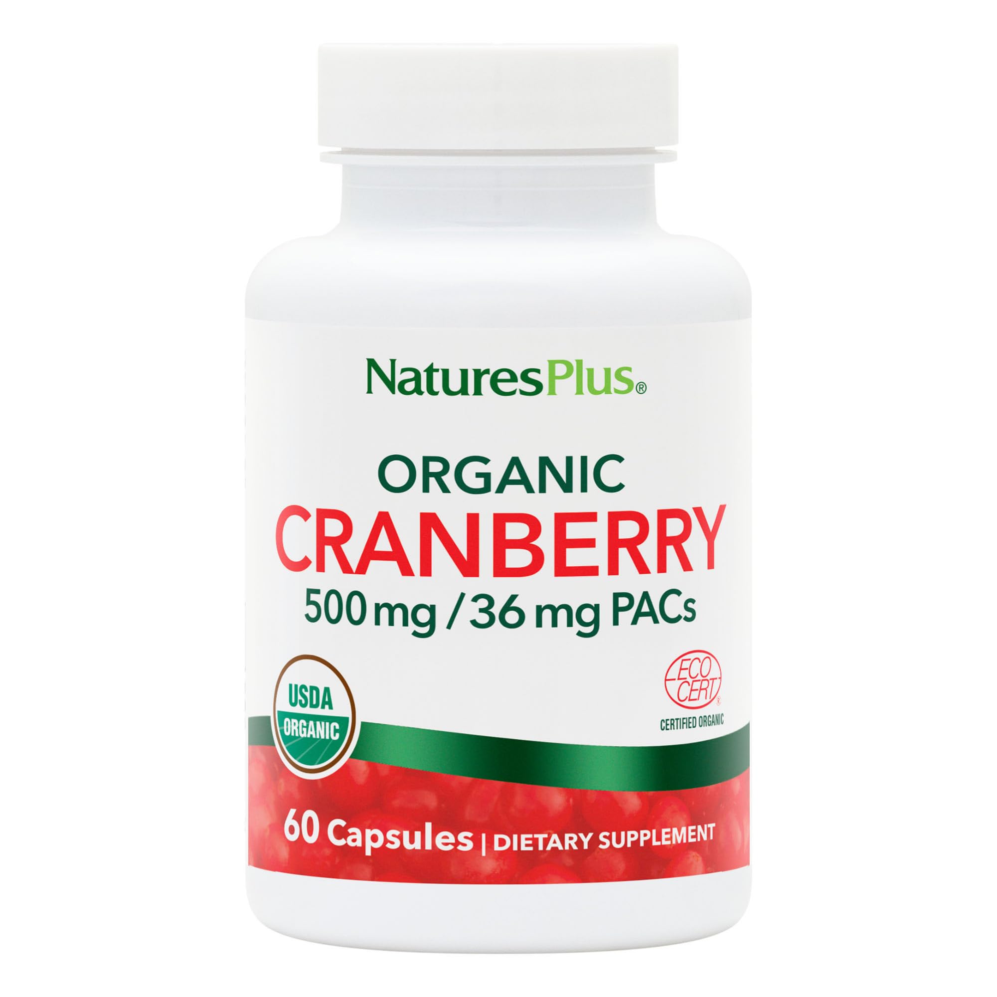 NaturesPlus Organic Cranberry 500 mg bottle with capsules for daily urinary wellness
