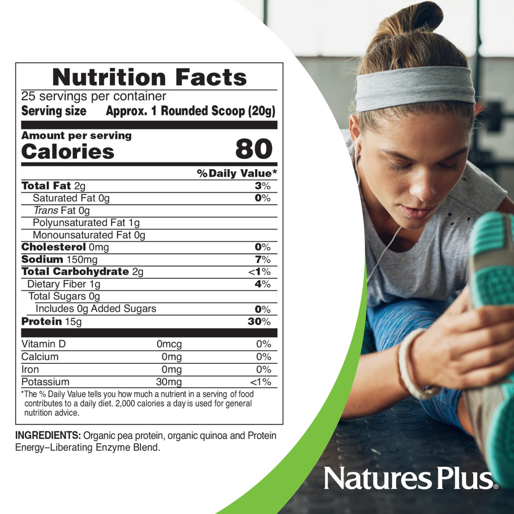 NaturesPlus Organic Pea Protein bag opened showing fine powder