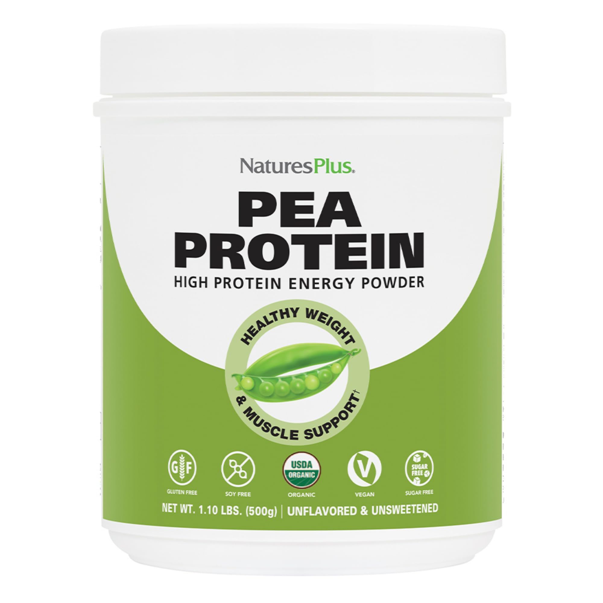 NaturesPlus Organic Pea Protein bottle front for a clean vegan protein boost