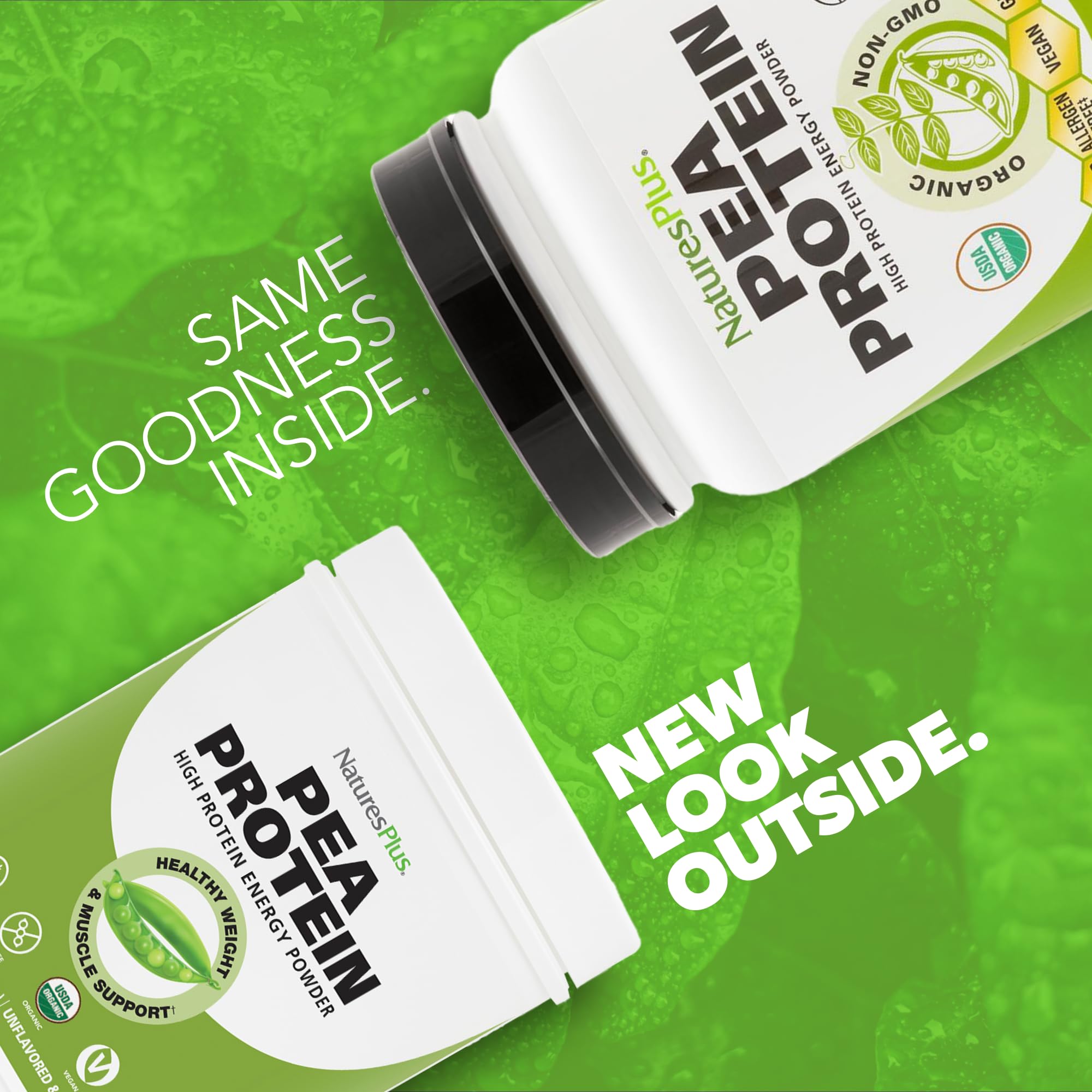 NaturesPlus Organic Pea Protein label close-up highlighting organic, non-GMO ingredients