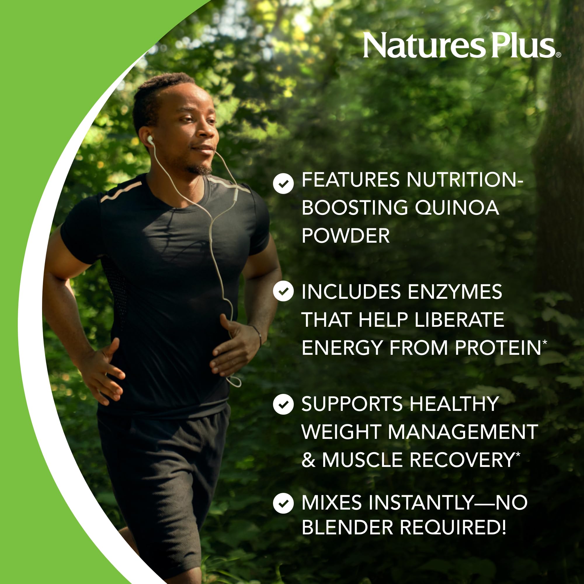 NaturesPlus Organic Pea Protein pour into glass for smooth breakfast