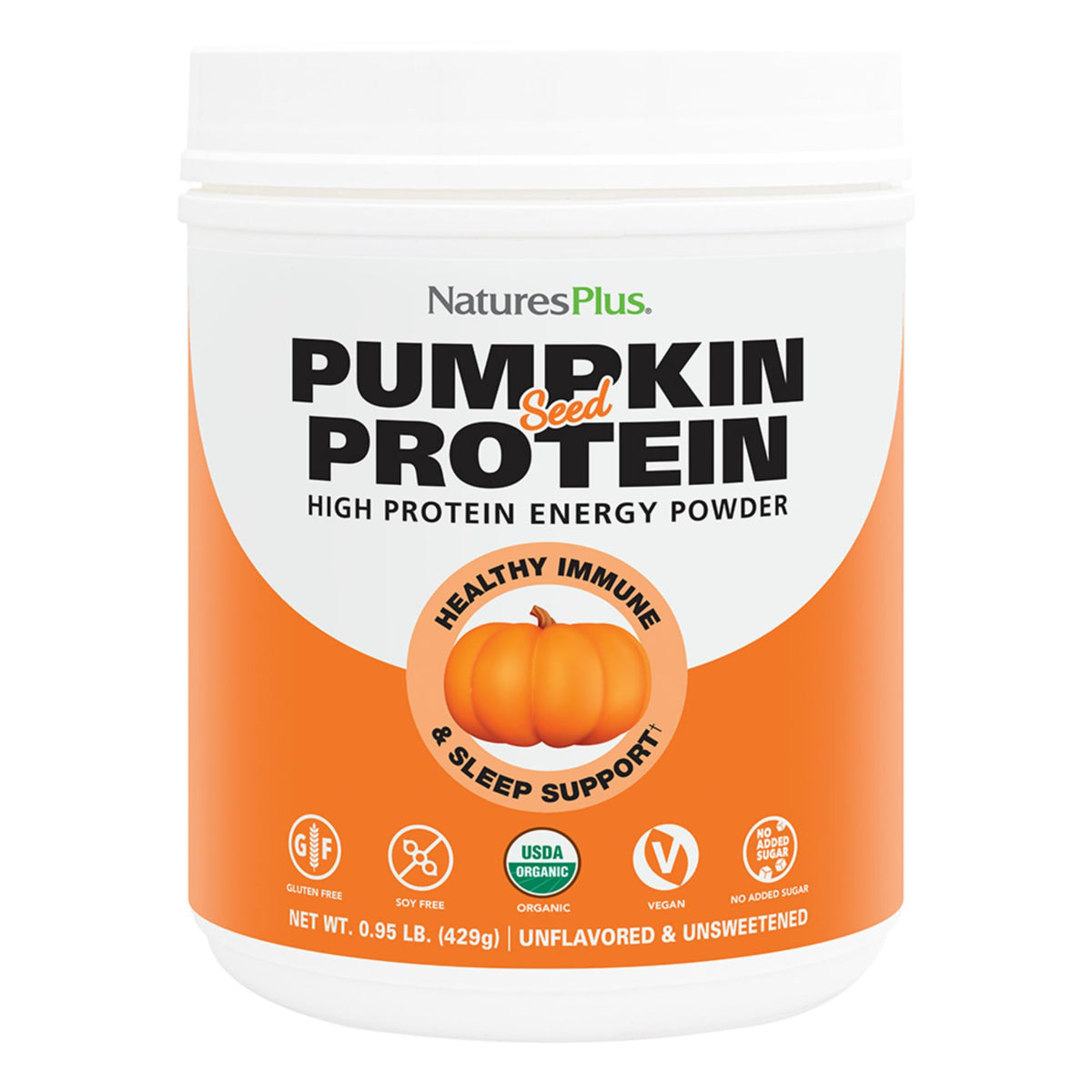 NaturesPlus Organic Pumpkin Seed Protein bottle shows gluten-free plant protein for daily shakes.