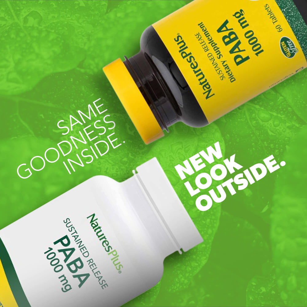 Close-up of NaturesPlus PABA bottle label highlighting gluten-free formula.