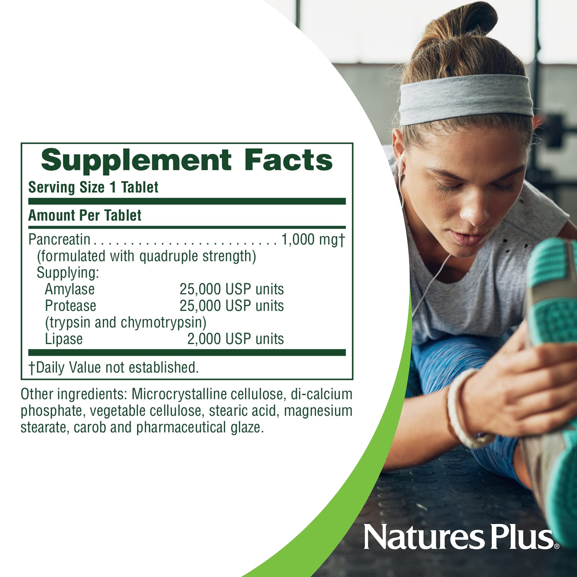 NaturesPlus Pancreatin gluten-free label visible on packaging, signaling purity and safety.