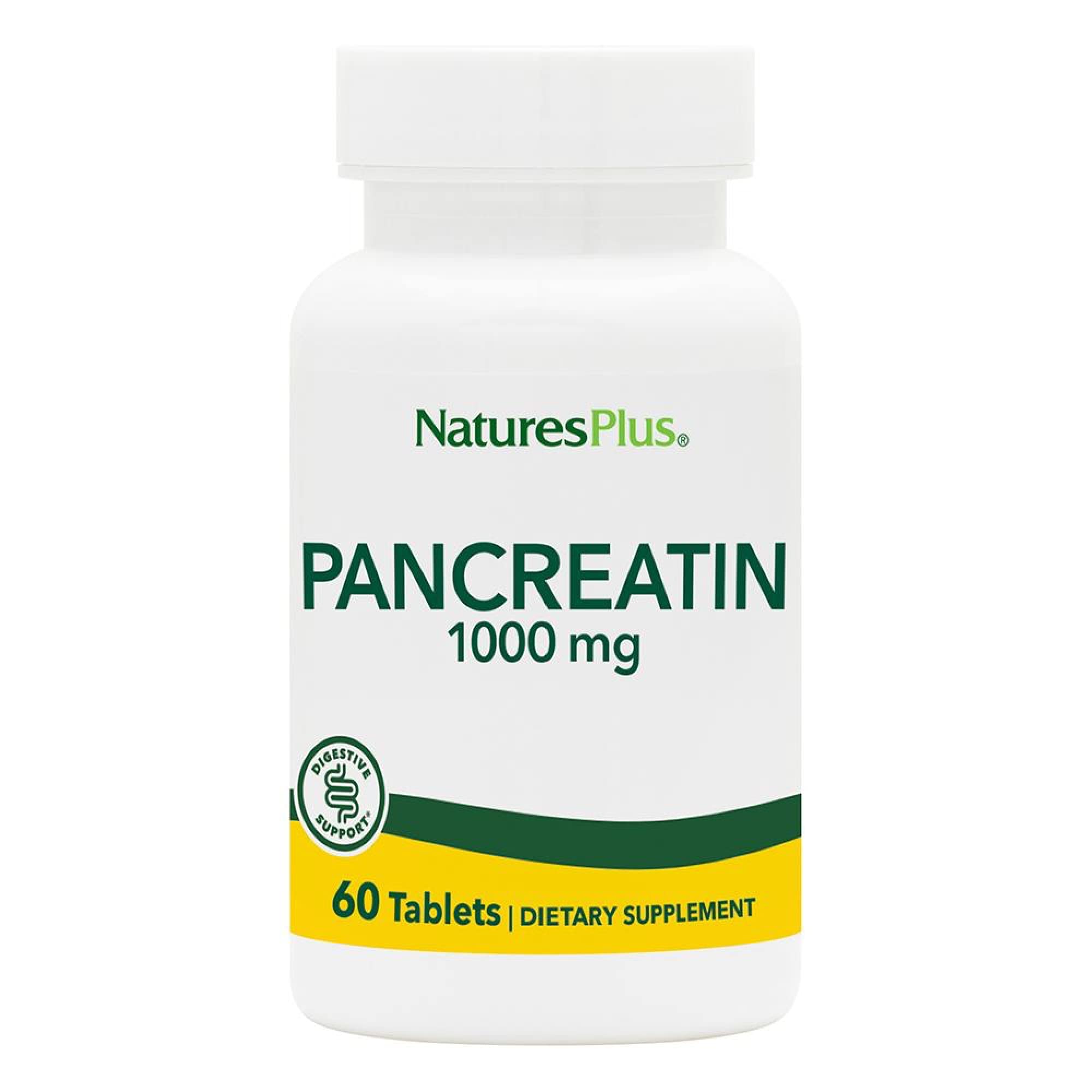 NaturesPlus Pancreatin tablets bottle shown, supports digestion with a balanced enzyme blend.