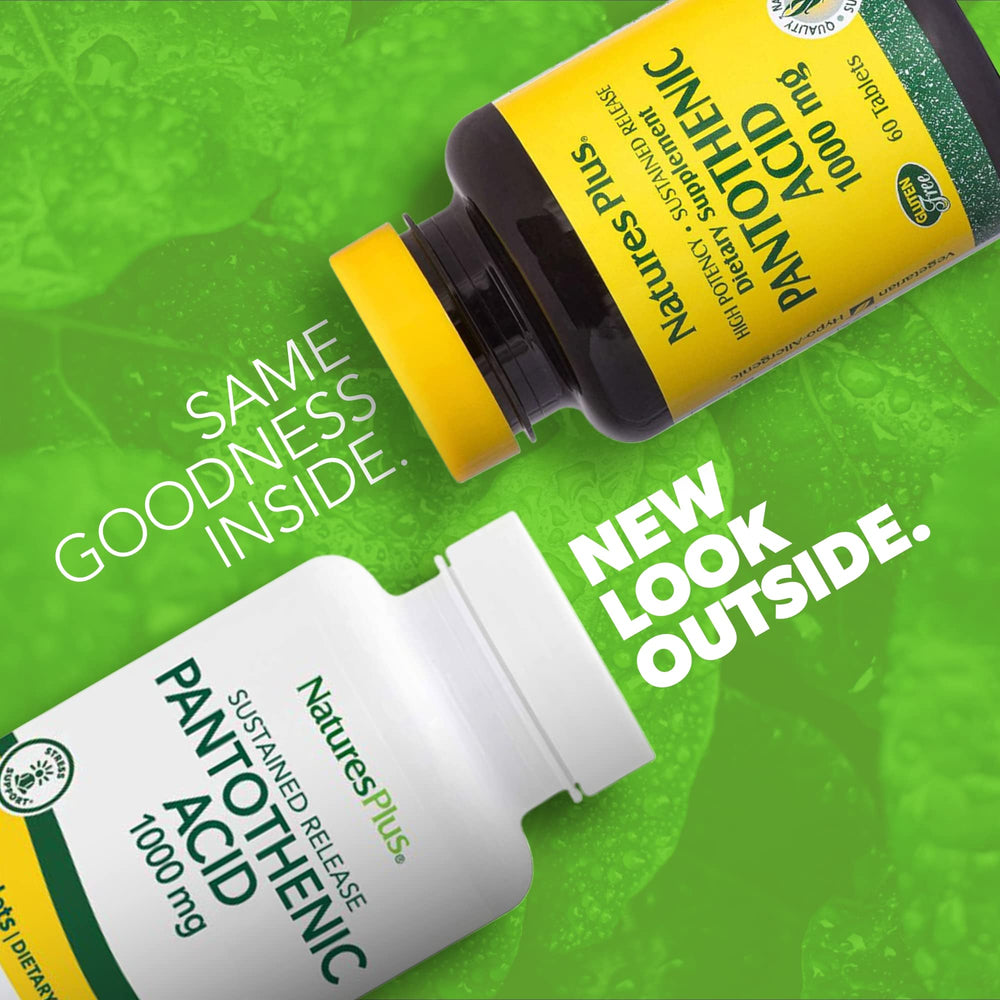 NaturesPlus Pantothenic Acid 1000 mg tablets close-up, may support healthy blood cell formation.
