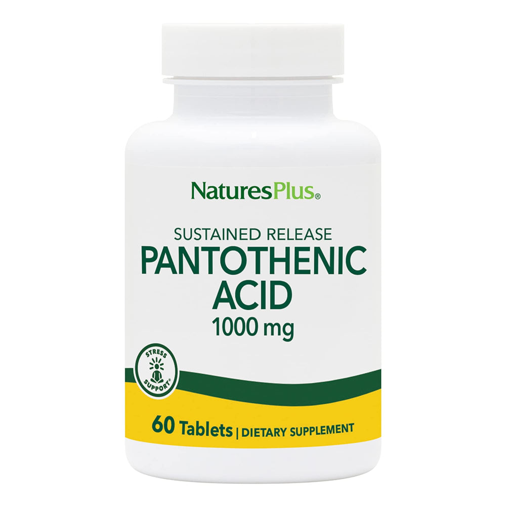 NaturesPlus Pantothenic Acid sustained-release bottle on a clean surface, may support energy metabolism.