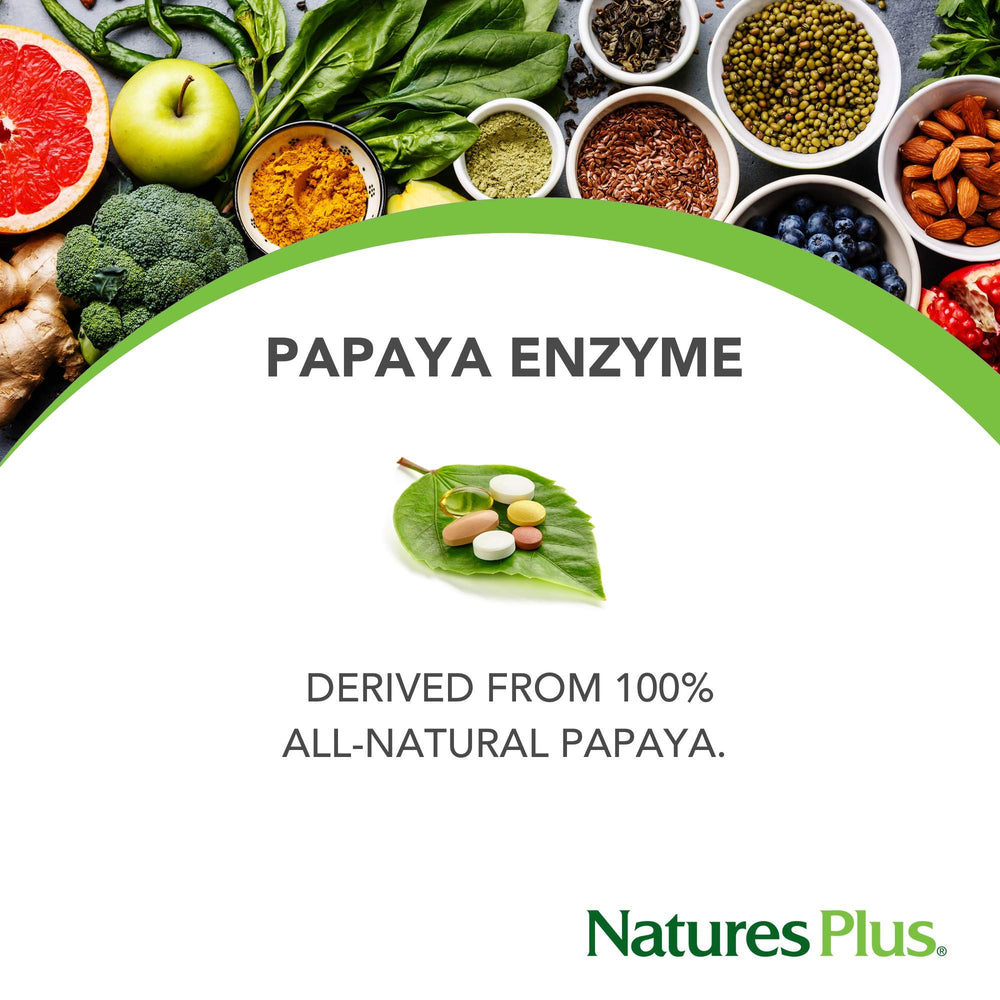 NaturesPlus Papaya Enzyme bottle with dosage details for easy daily use