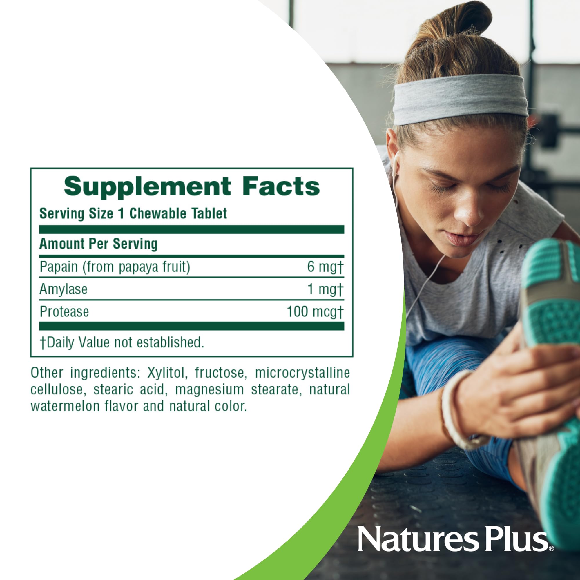 Packaging of NaturesPlus Papaya Enzyme shown for on-the-go enjoyment.