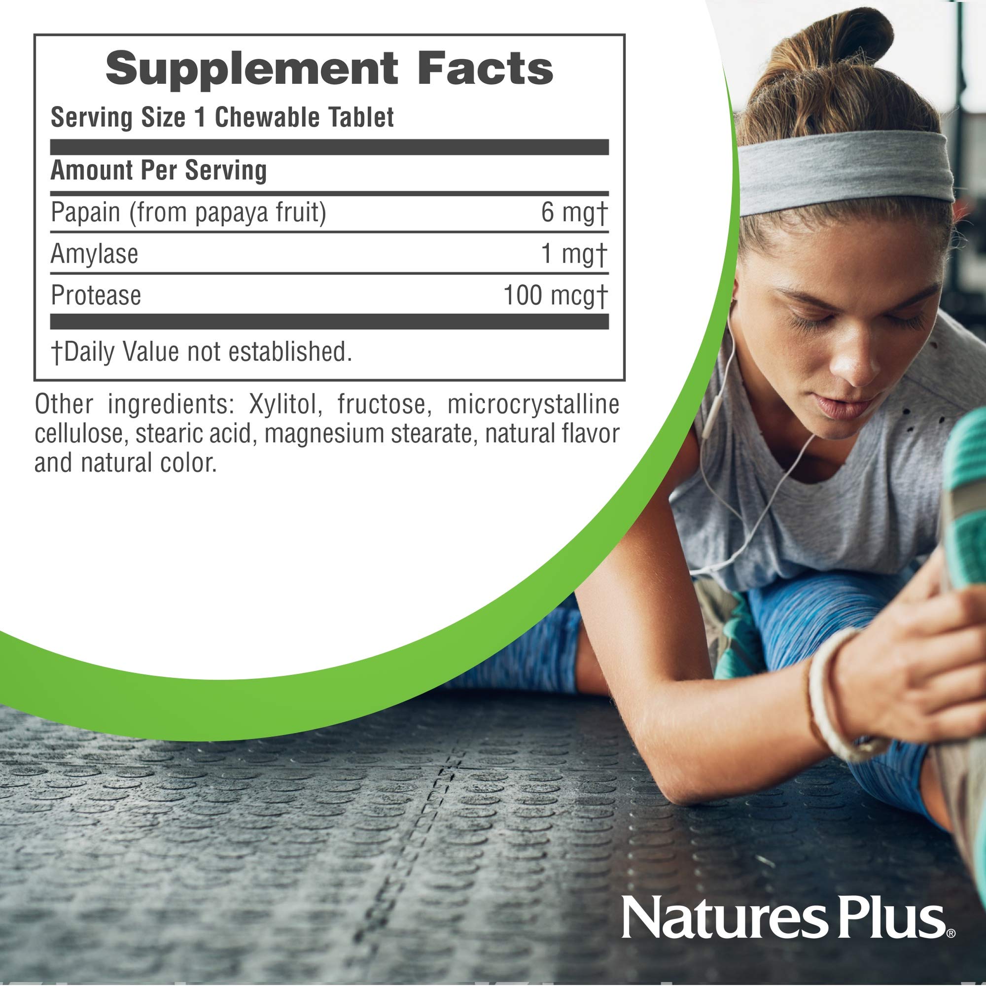 Textured NaturesPlus Papaya Enzyme tablet highlighting sugar-free composition.