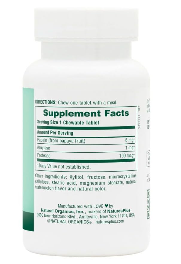Close-up of NaturesPlus Papaya Enzyme chewable tablets featuring papain-rich formula.