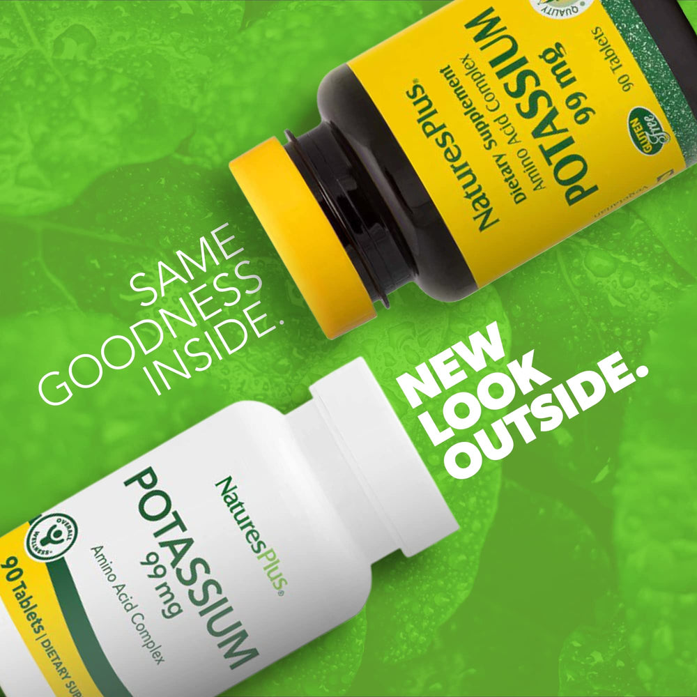 Nature’s Plus potassium 99 mg bottle highlighting gluten-free and vegetarian options