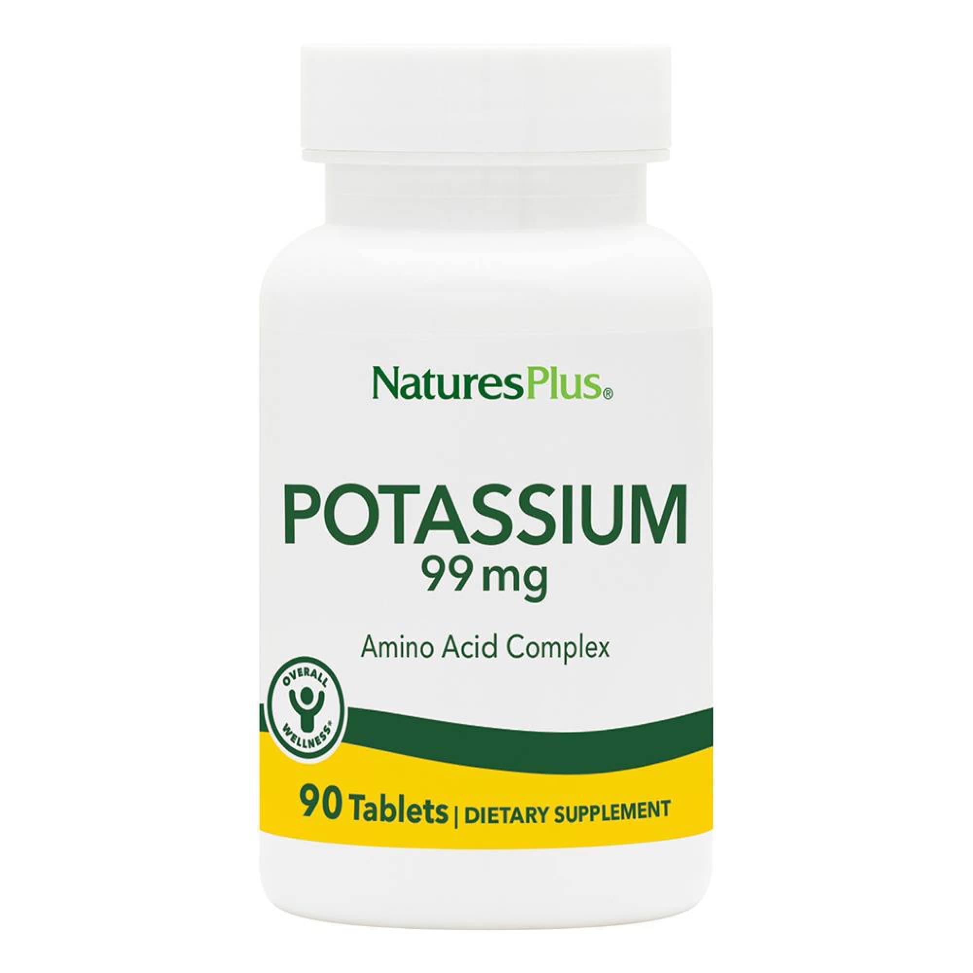 Nature’s Plus potassium 99 mg tablets on bottle label for electrolyte support