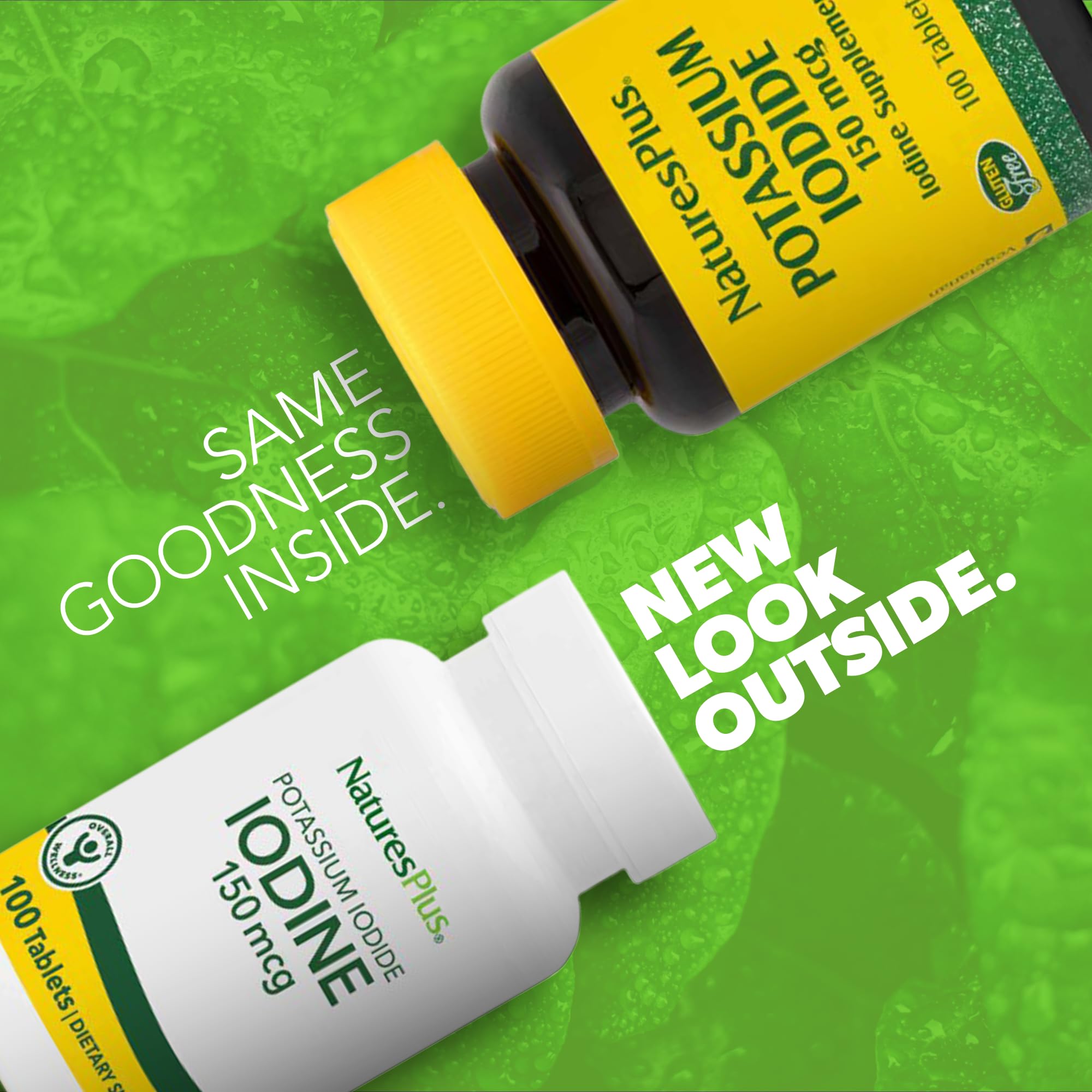 NaturesPlus Potassium Iodide 150 mcg tablets close-up highlighting tablet shape for easy daily use.