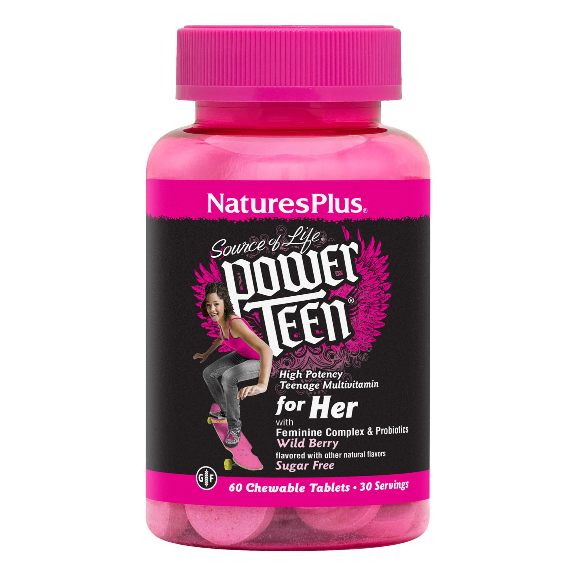 NaturesPlus Power Teen for Her bottle with wild berry flavor for daily energy