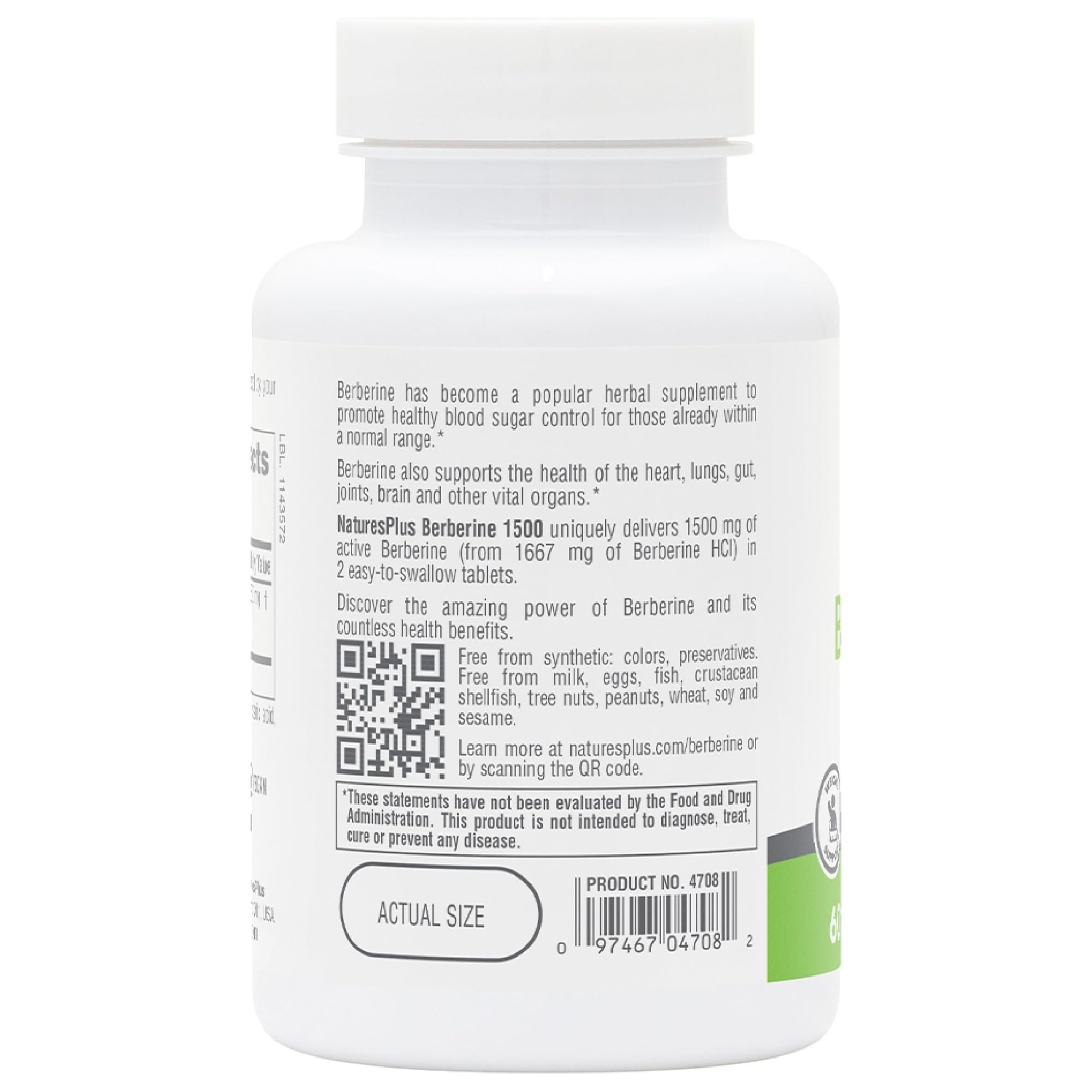 NaturesPlus PRO Berberine 1500 mg label closeup.