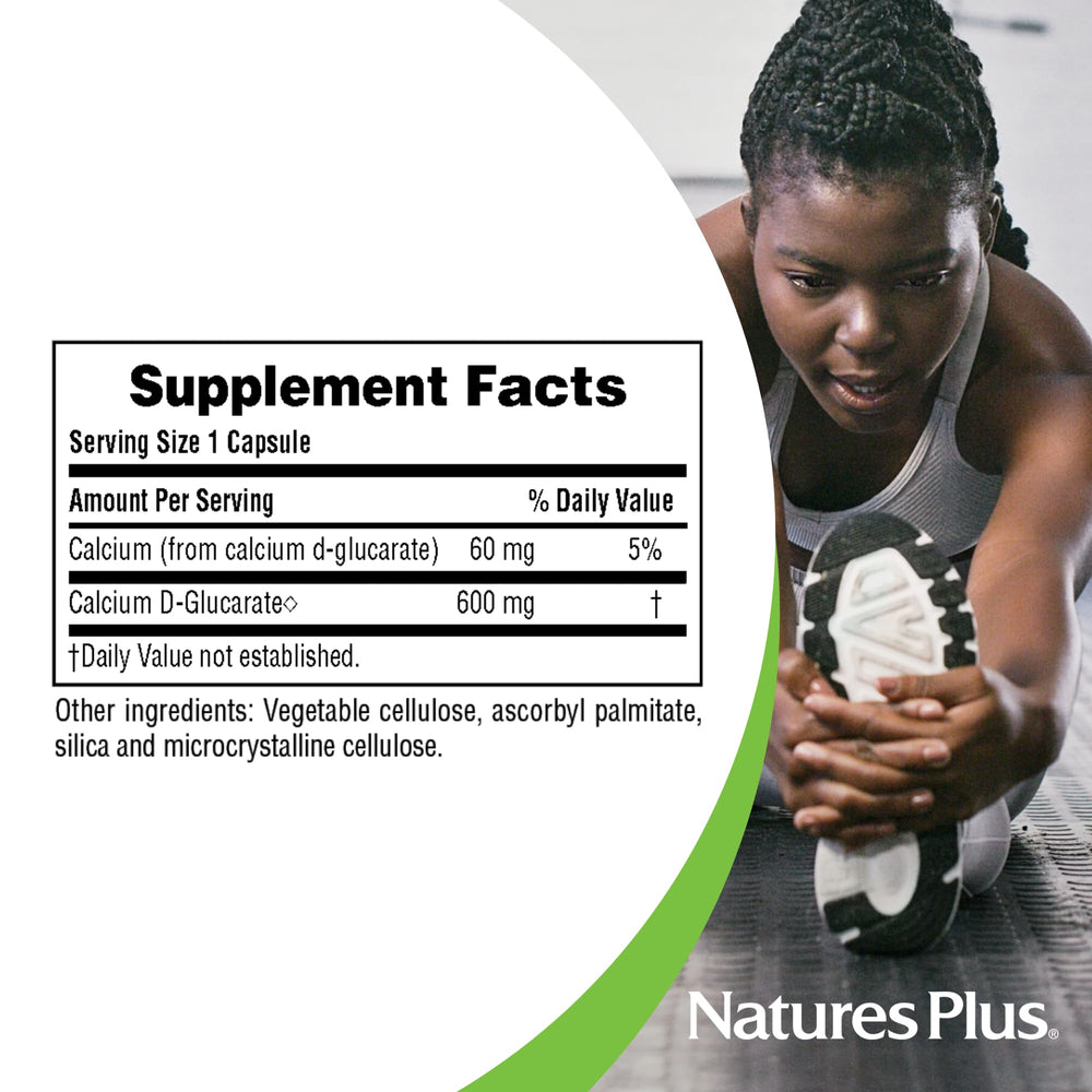 NaturesPlus PRO Calcium D-Glucarate ingredient panel highlights non-GMO vegan gluten-free.
