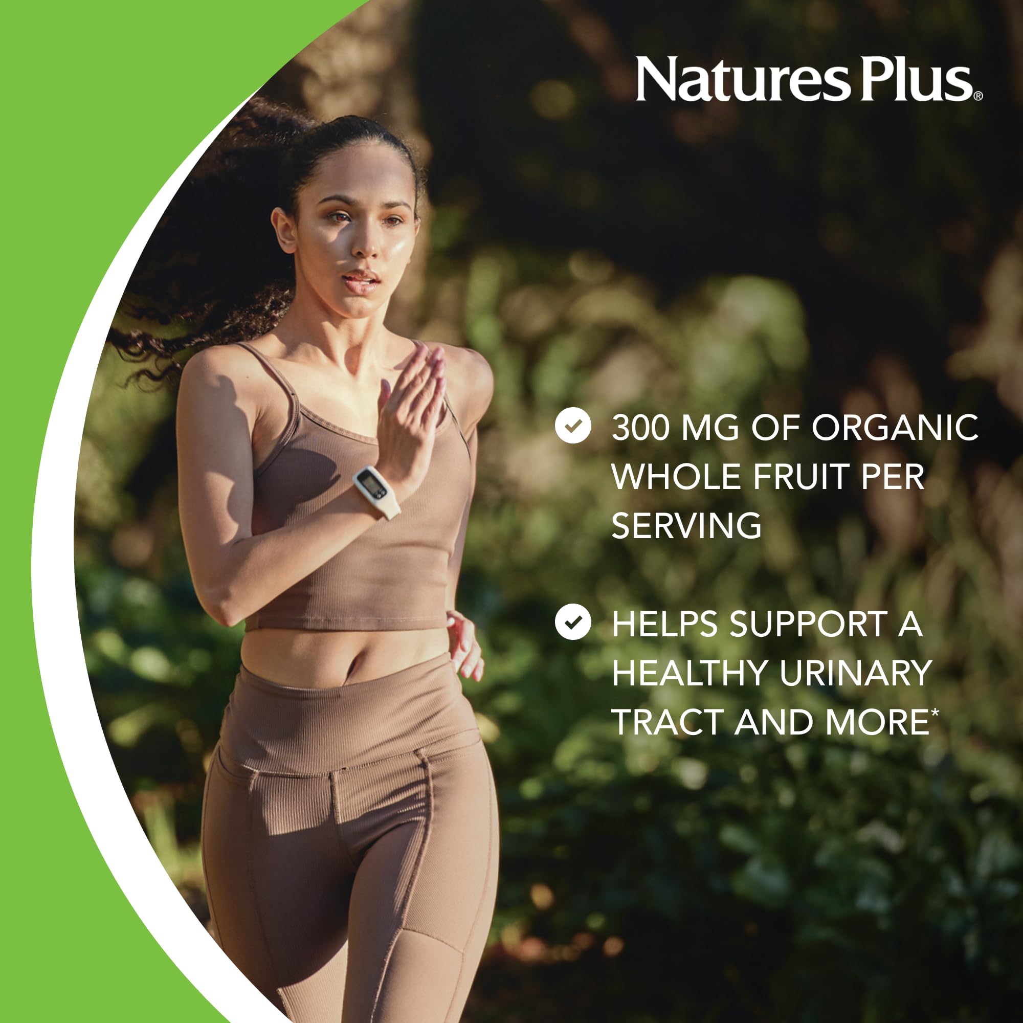 Nature's Plus PRO Cranberry Plus capsules close-up emphasizes non-GMO and gluten-free formula.