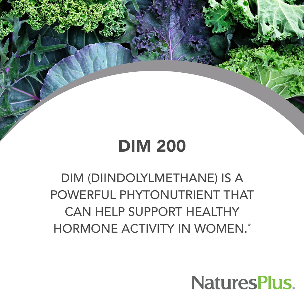 NaturesPlus PRO DIM 200 mg capsules, easy to swallow vegan servings.