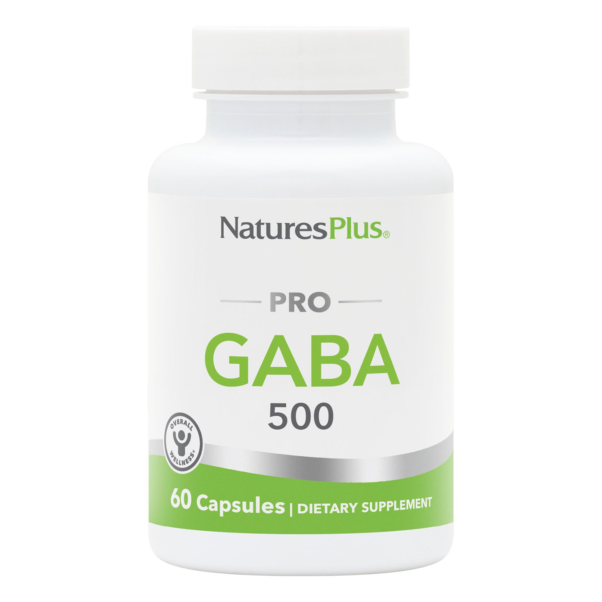 NaturesPlus PRO GABA bottle closeup highlights capsule texture for calm focus.