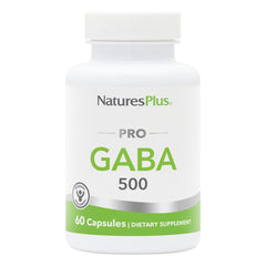 NaturesPlus PRO GABA bottle closeup highlights capsule texture for calm focus.