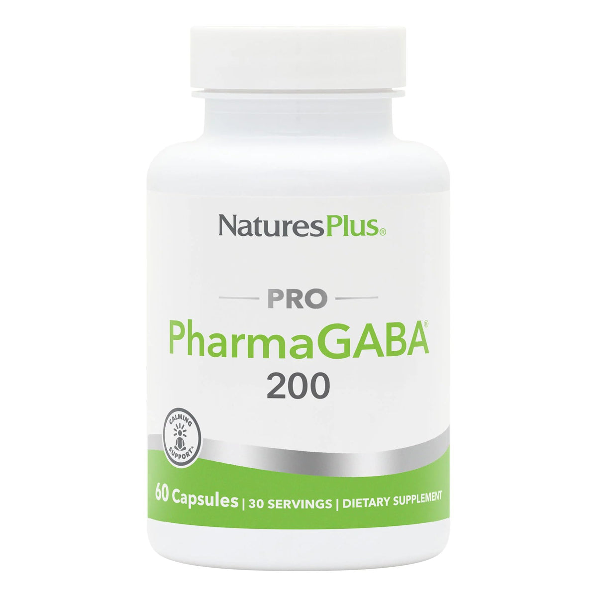 NaturesPlus PRO PharmaGABA bottle front view highlighting calm and focus.