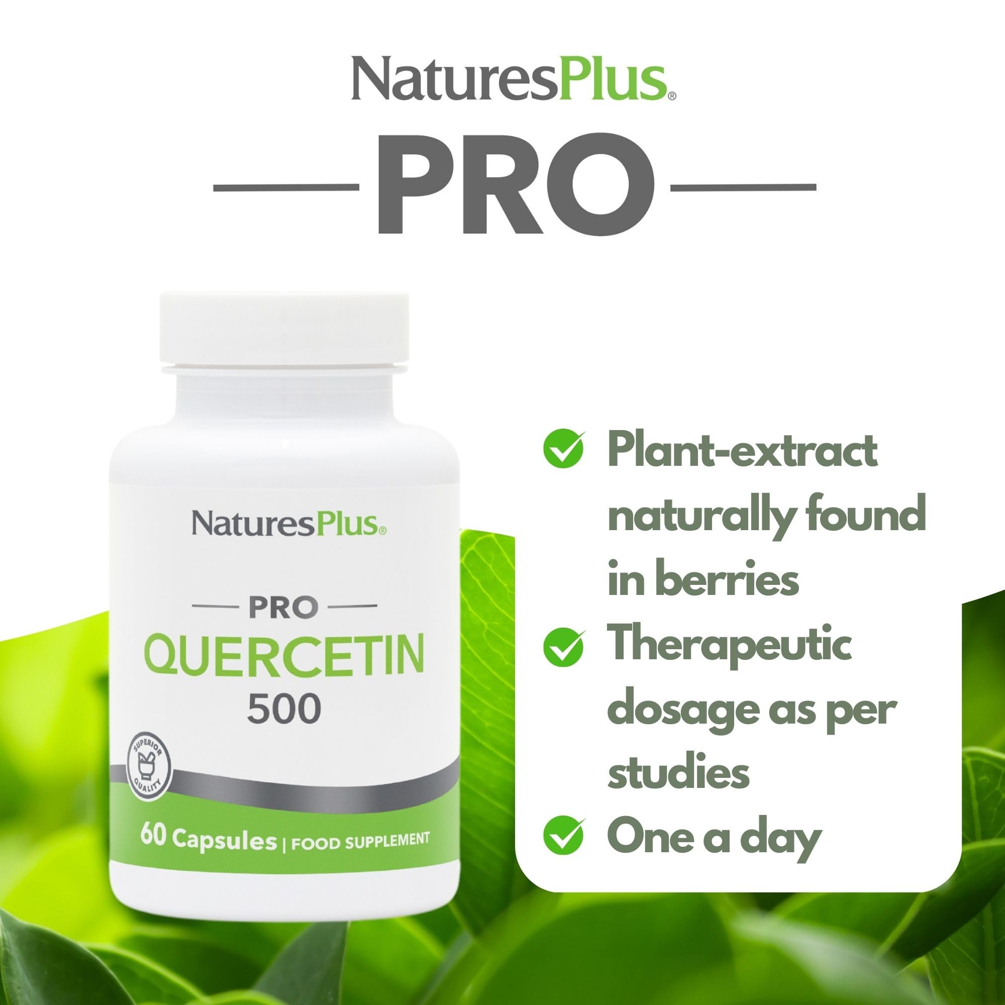 Close-up of the label highlighting 500 mg quercetin and non-GMO ingredients.