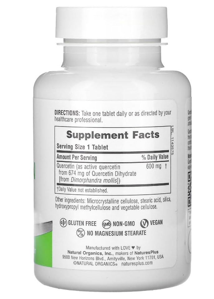 NaturesPlus PRO Quercetin 600 mg bottle front highlighting vegan, gluten-free formula