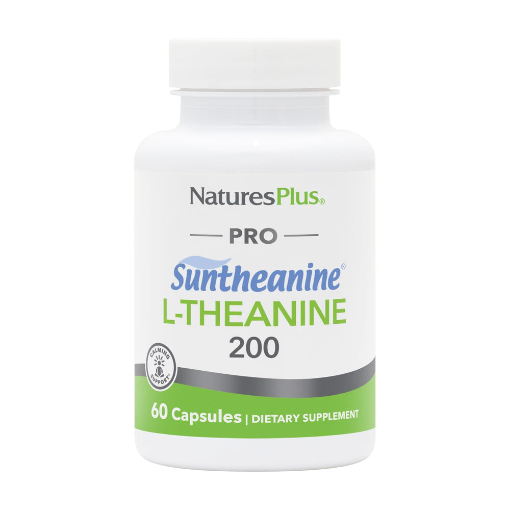 NaturesPlus PRO Suntheanine bottle highlighting calm alertness for focused mornings
