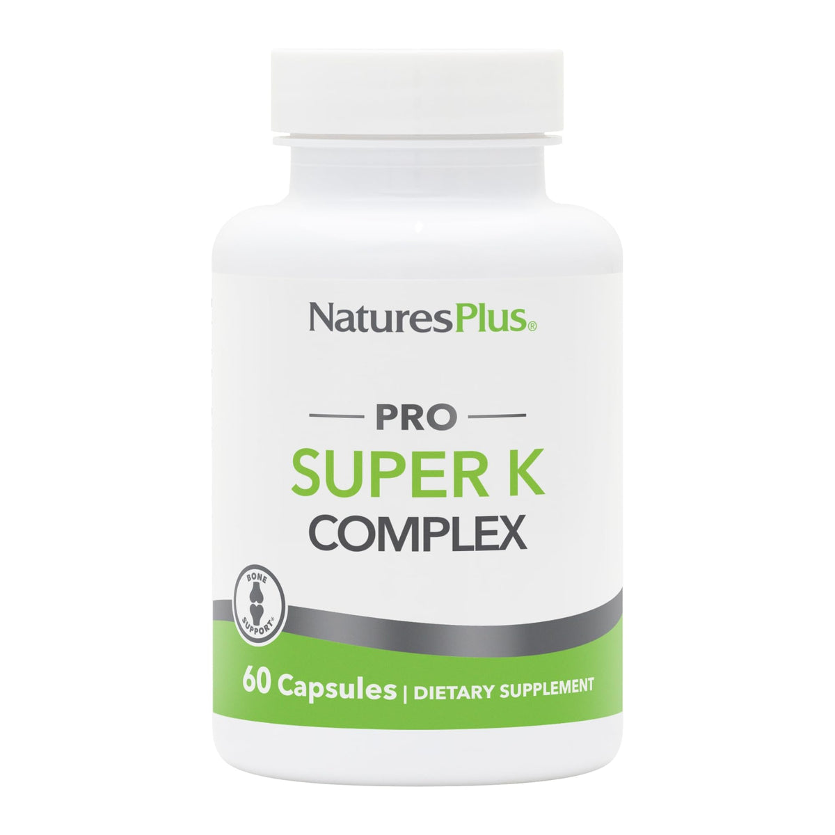 NaturesPlus PRO Super K Complex bottle with capsules for calcium metabolism.