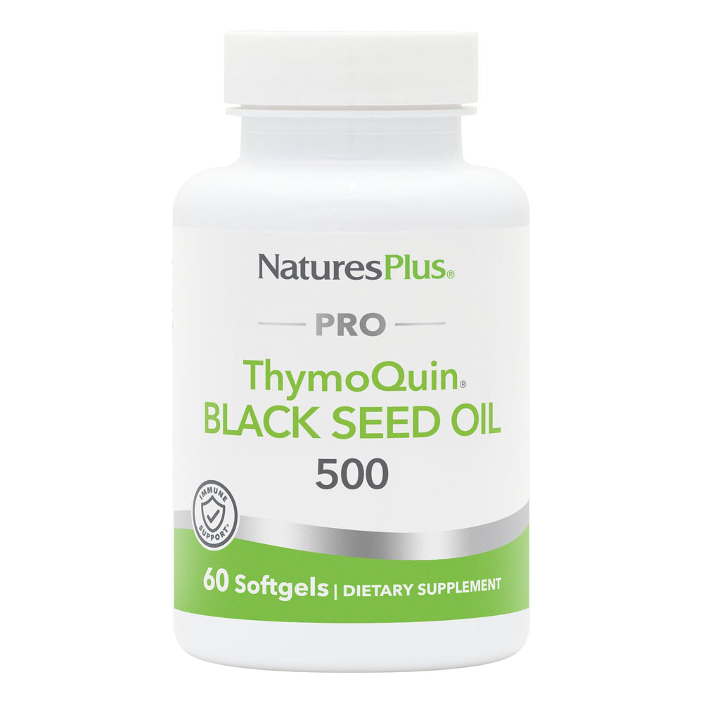 NaturesPlus PRO ThymoQuin bottle showing full-spectrum cold-pressed black seed oil for daily wellness.