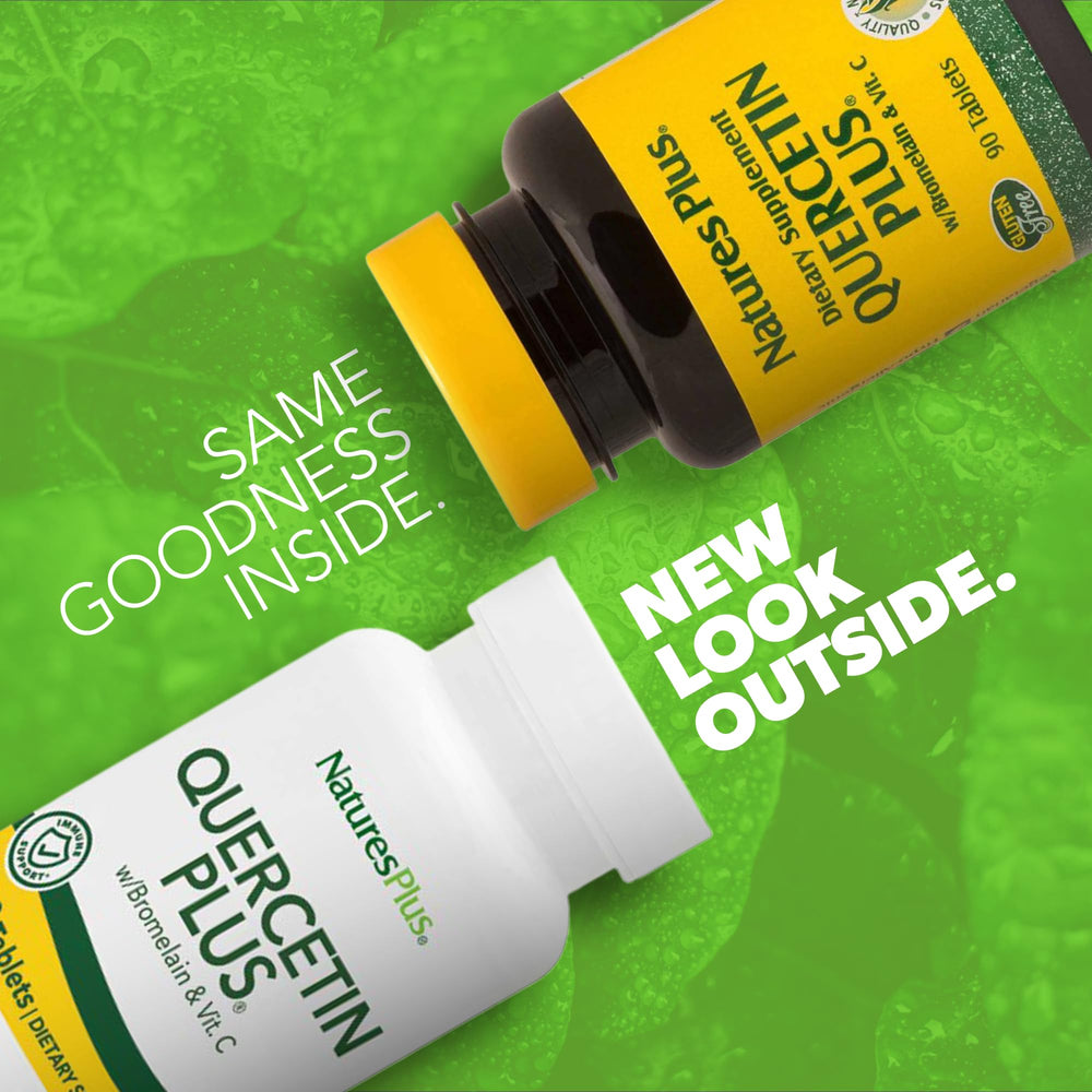 NaturesPlus Quercetin Plus bottle label close-up showing gluten-free formula.