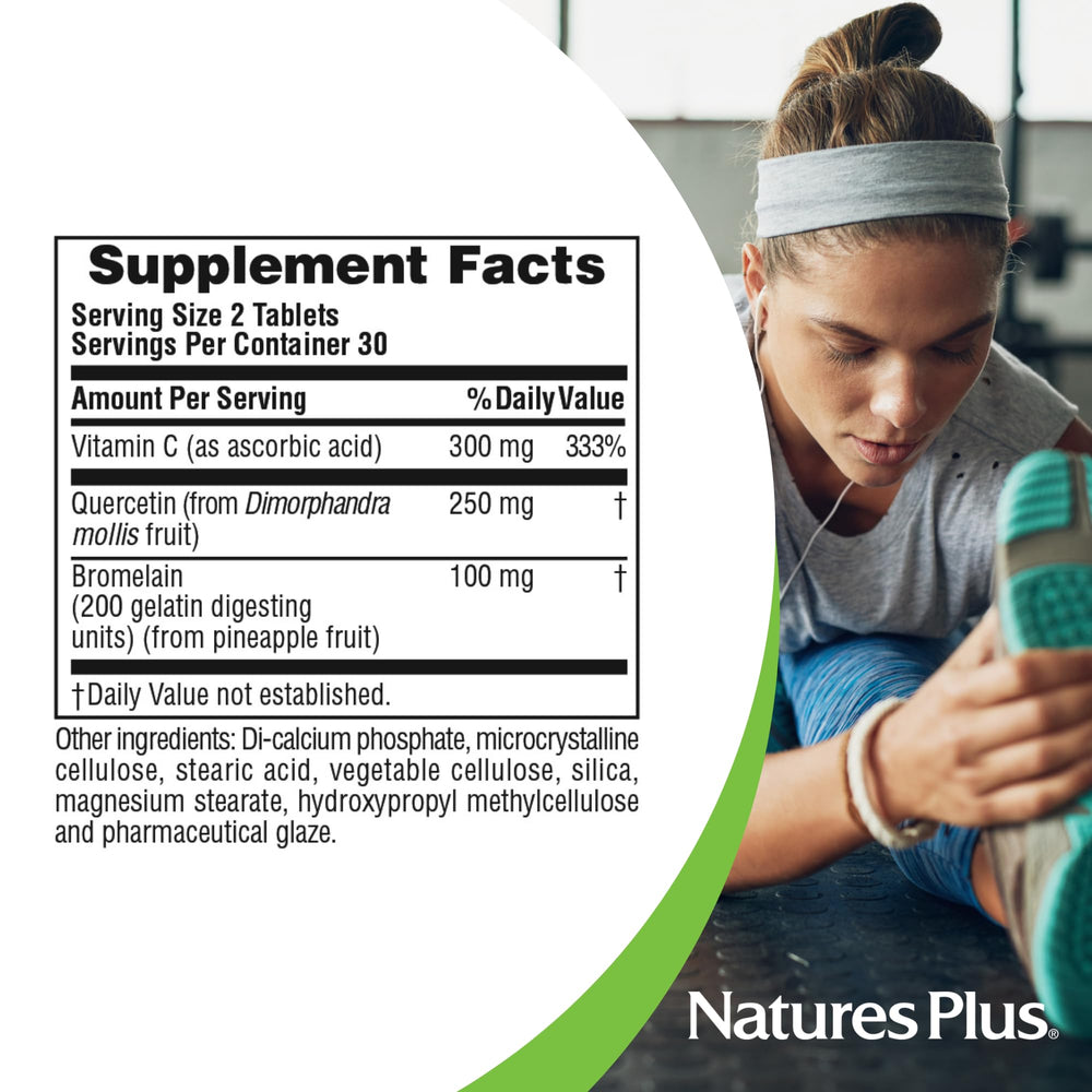 NaturesPlus Quercetin Plus bottle side view for travel-ready packaging.