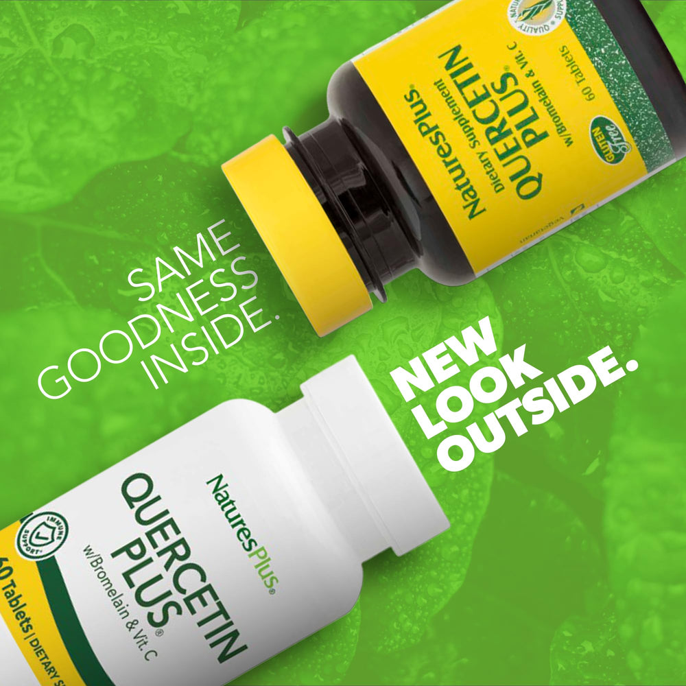 NaturesPlus Quercetin Plus tablets arranged for convenient daily dosing.