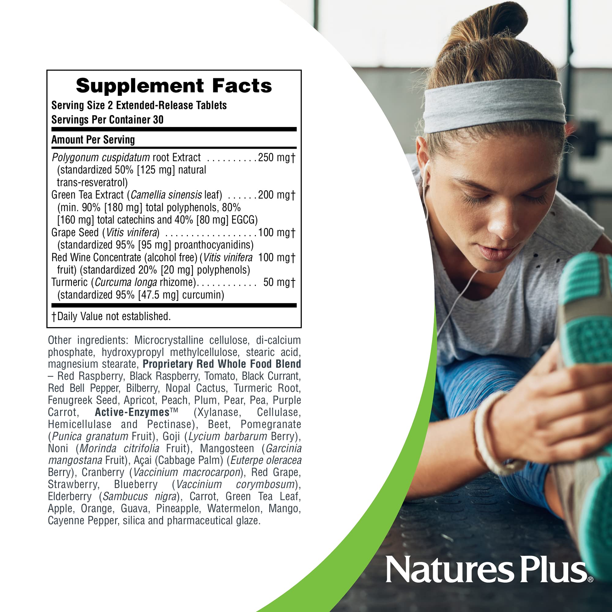 NaturesPlus Resveratrol extended-release tablets arranged for daily vegetarian regimen