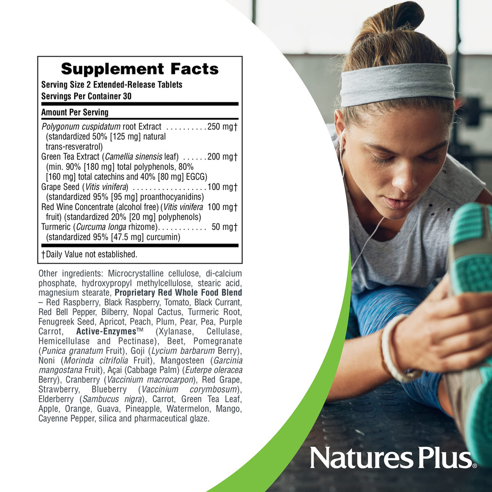 NaturesPlus Resveratrol extended-release tablets arranged for daily vegetarian regimen