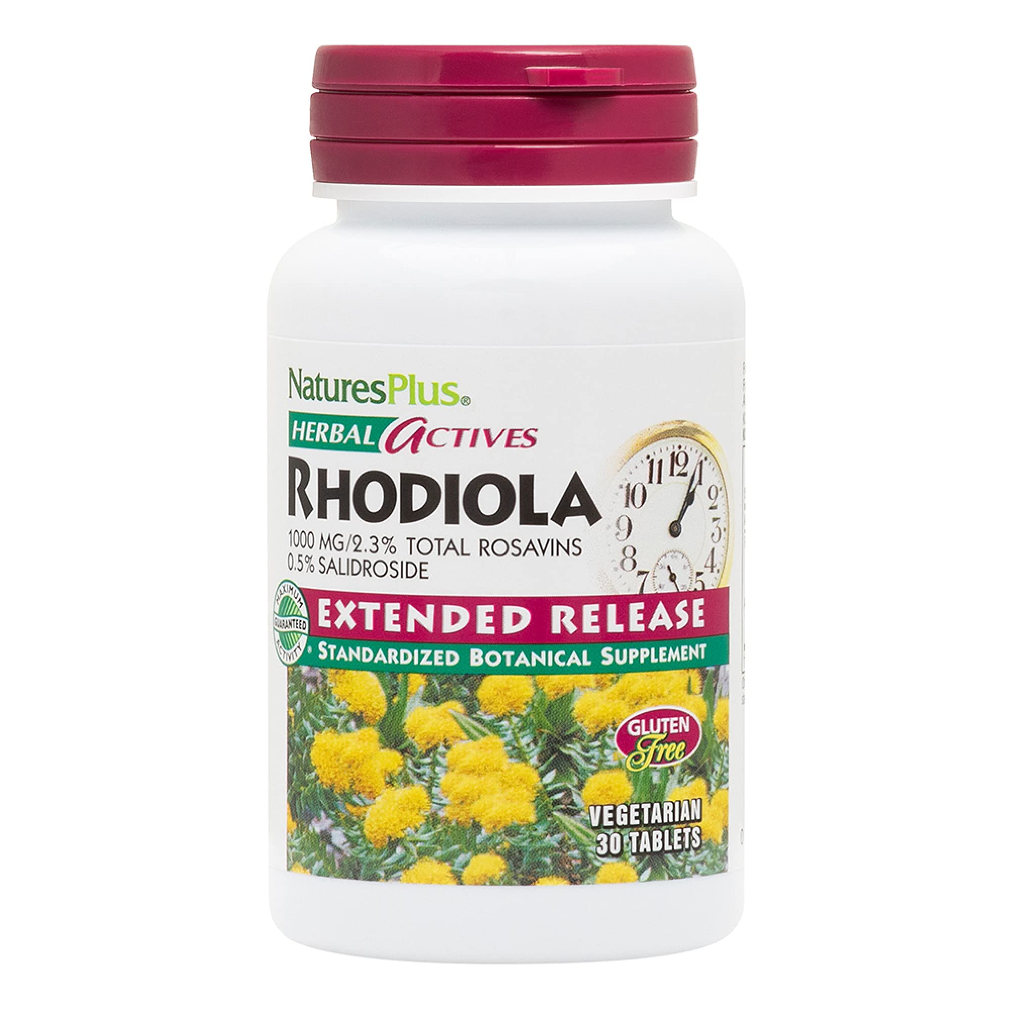 Nature's Plus Rhodiola extended-release bottle on a clean surface for daily energy support.