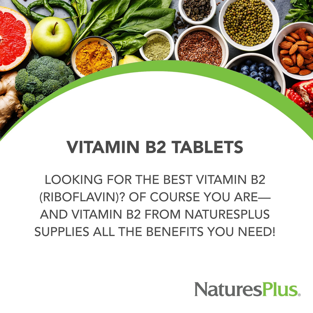 NaturesPlus Riboflavin tablets close-up emphasizing gradual release technology and nutrient delivery