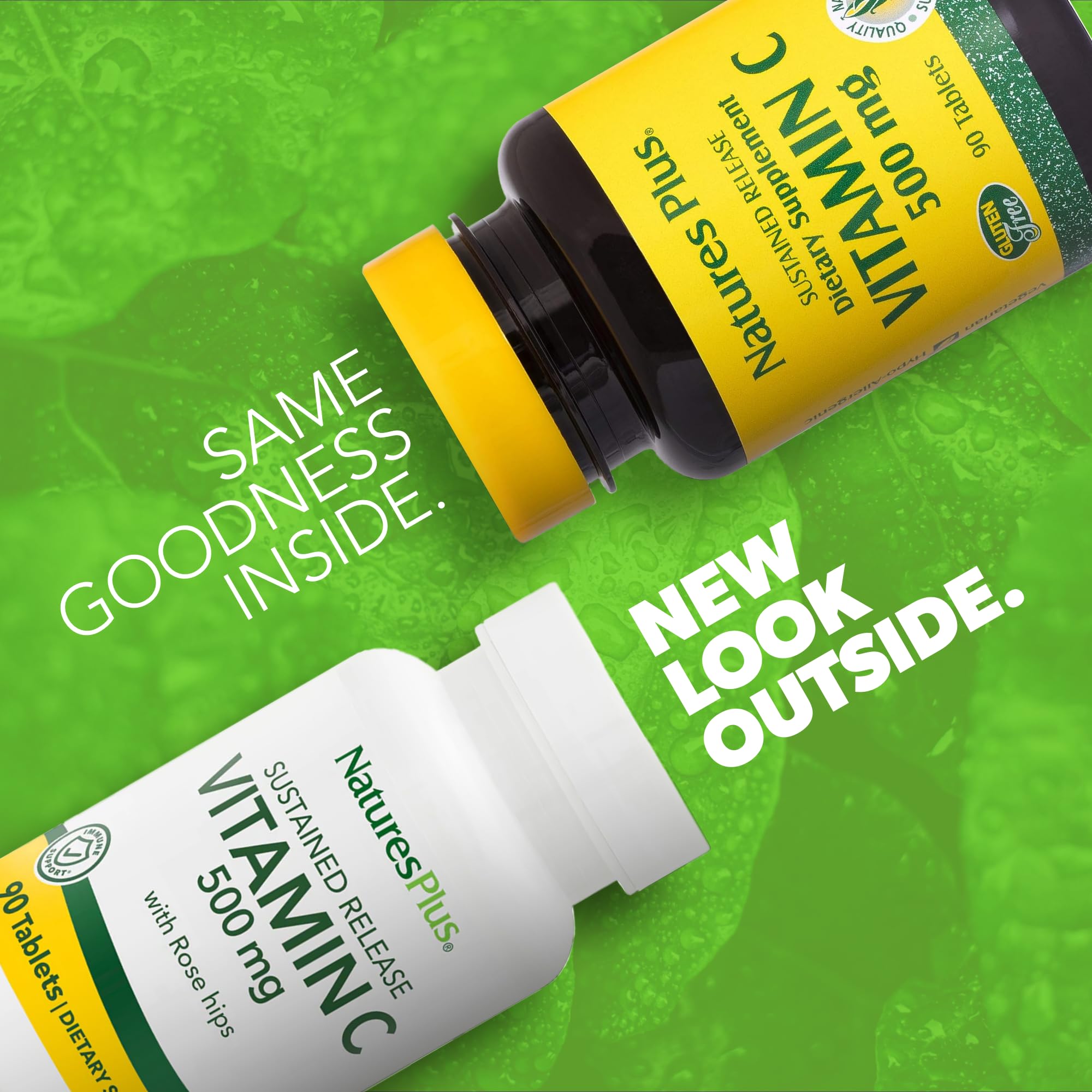 Rose hips close-up with NaturesPlus branding showing natural vitamin C source