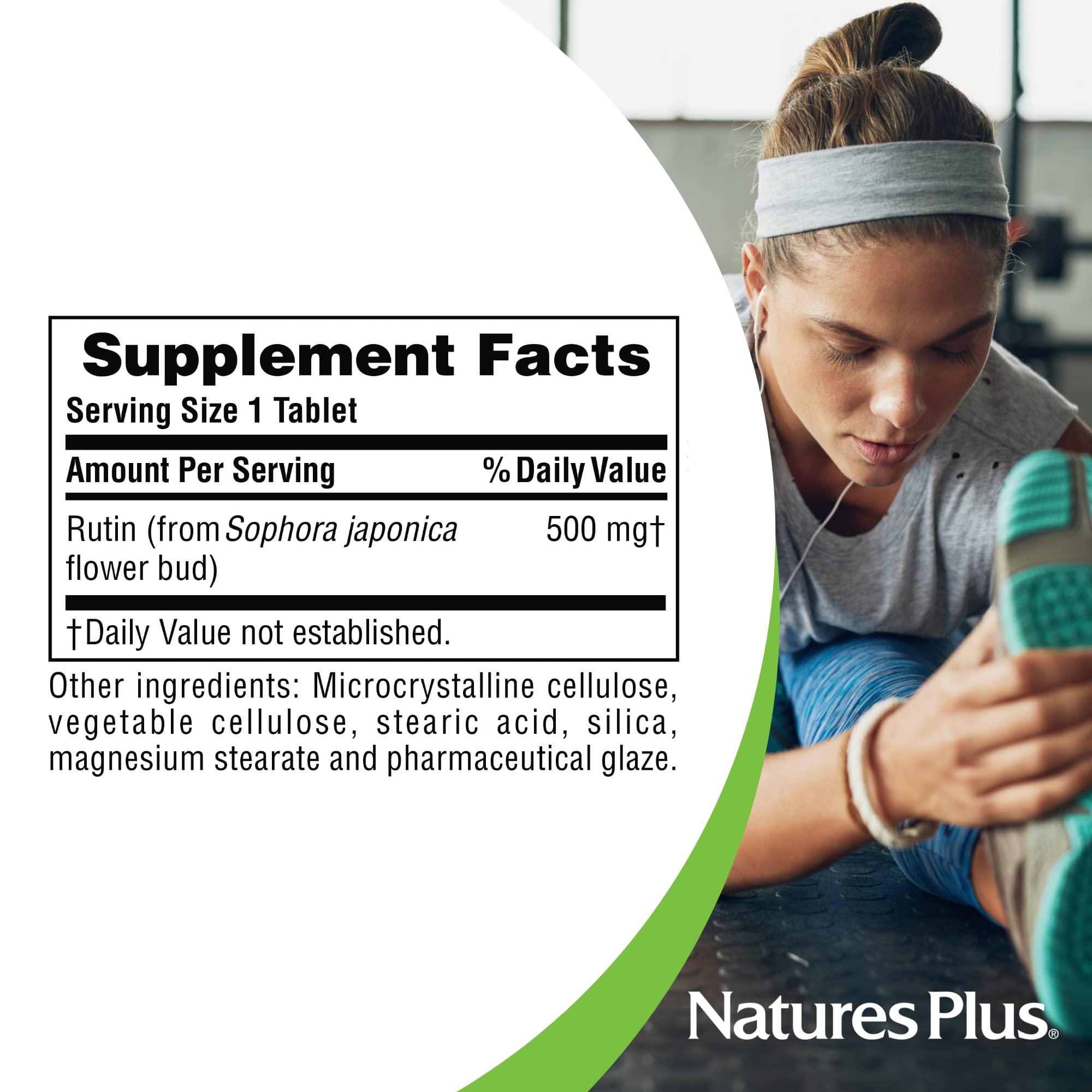 NaturesPlus Rutin 500mg label features Vitamin C support for daily use