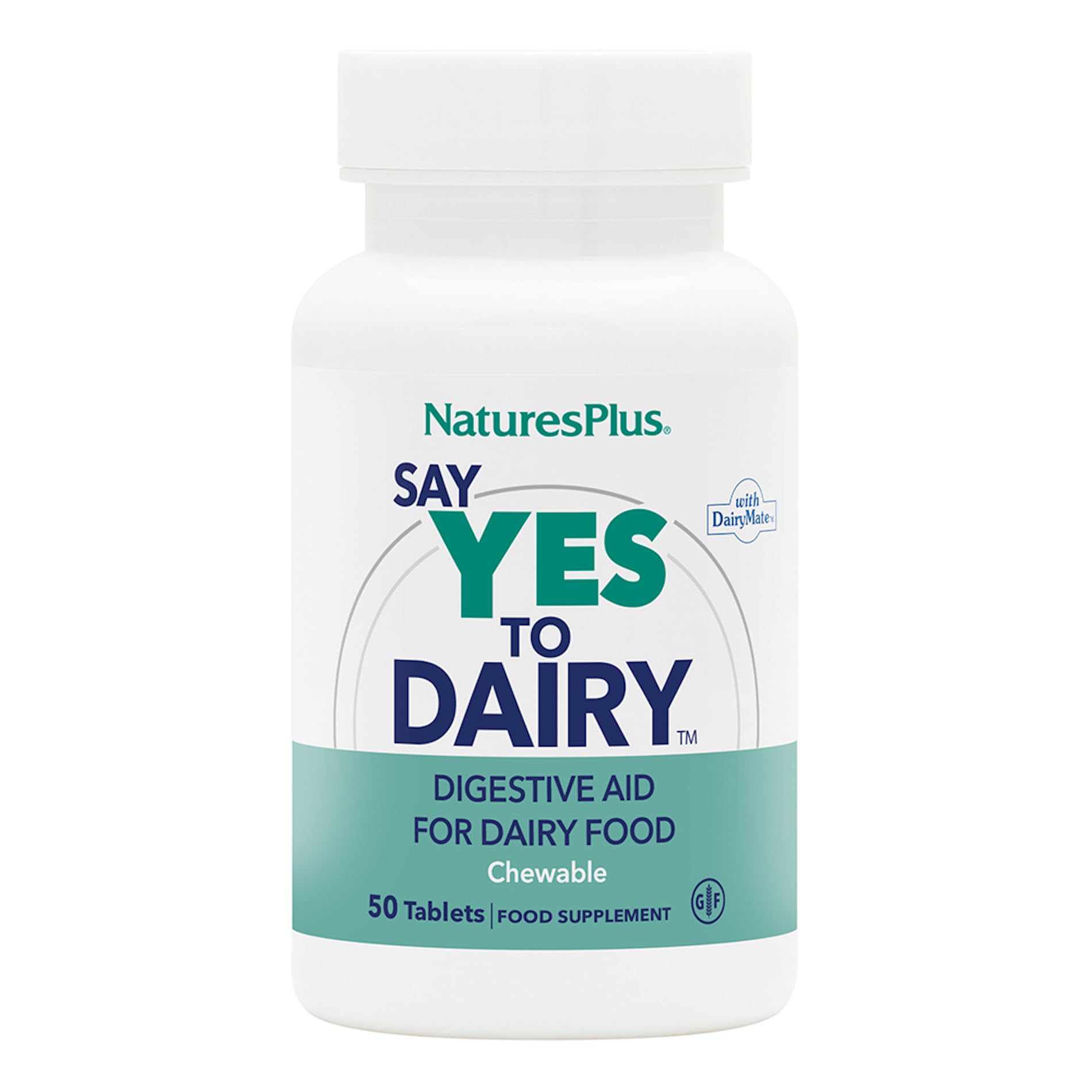NaturesPlus Say Yes to Dairy bottle front with 50 chewables for dairy digestion