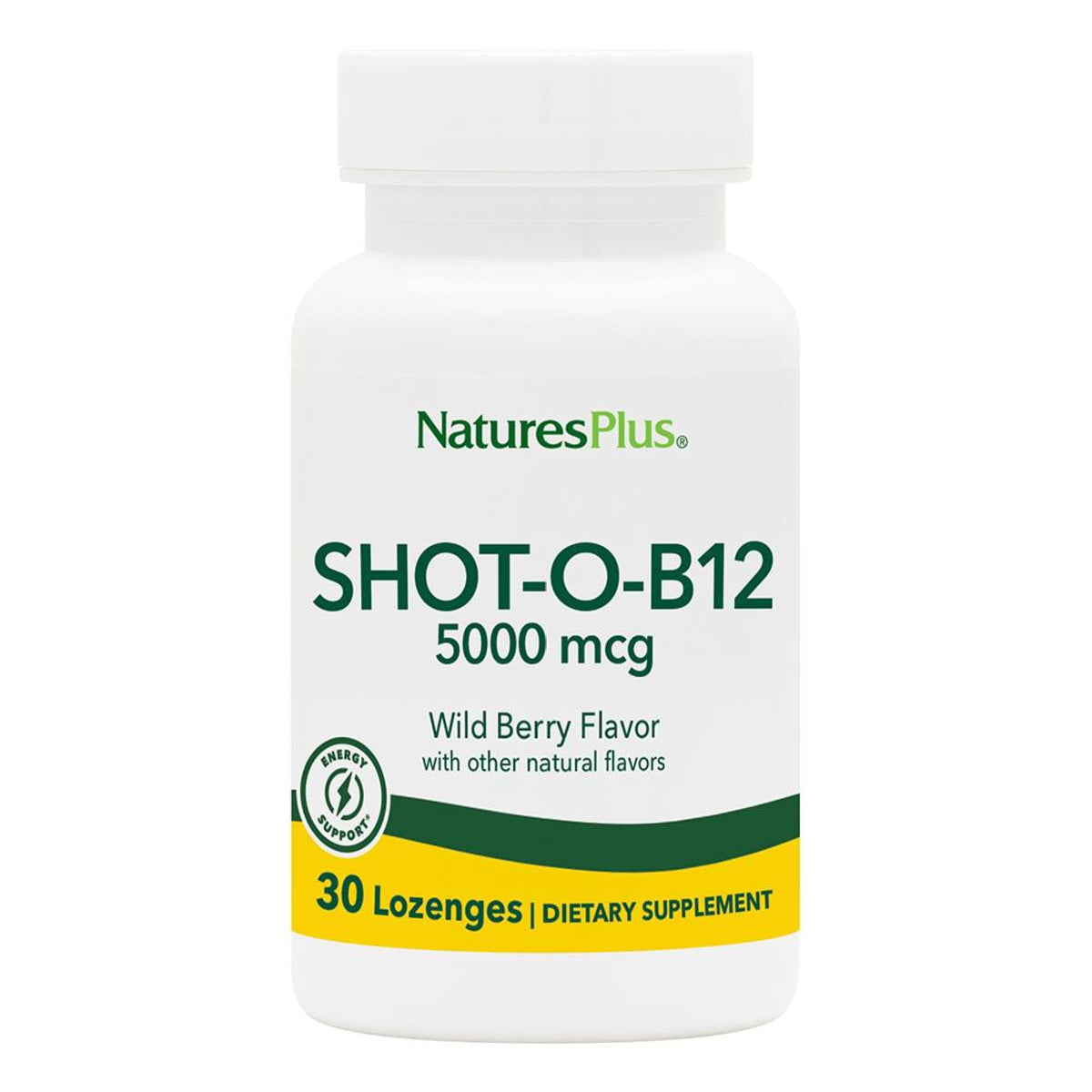 NaturesPlus Shot-O-B12 Wild Berry lozenge bottle for convenient daily use