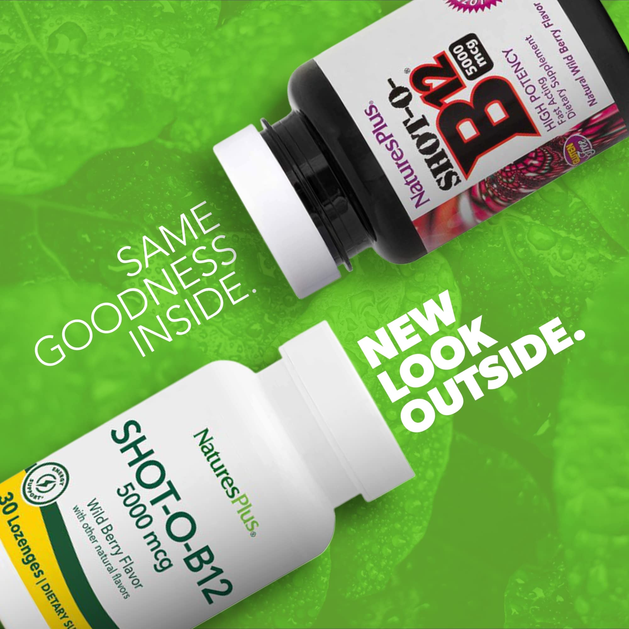 NaturesPlus Shot-O-B12 lozenge on table with Wild Berry flavor