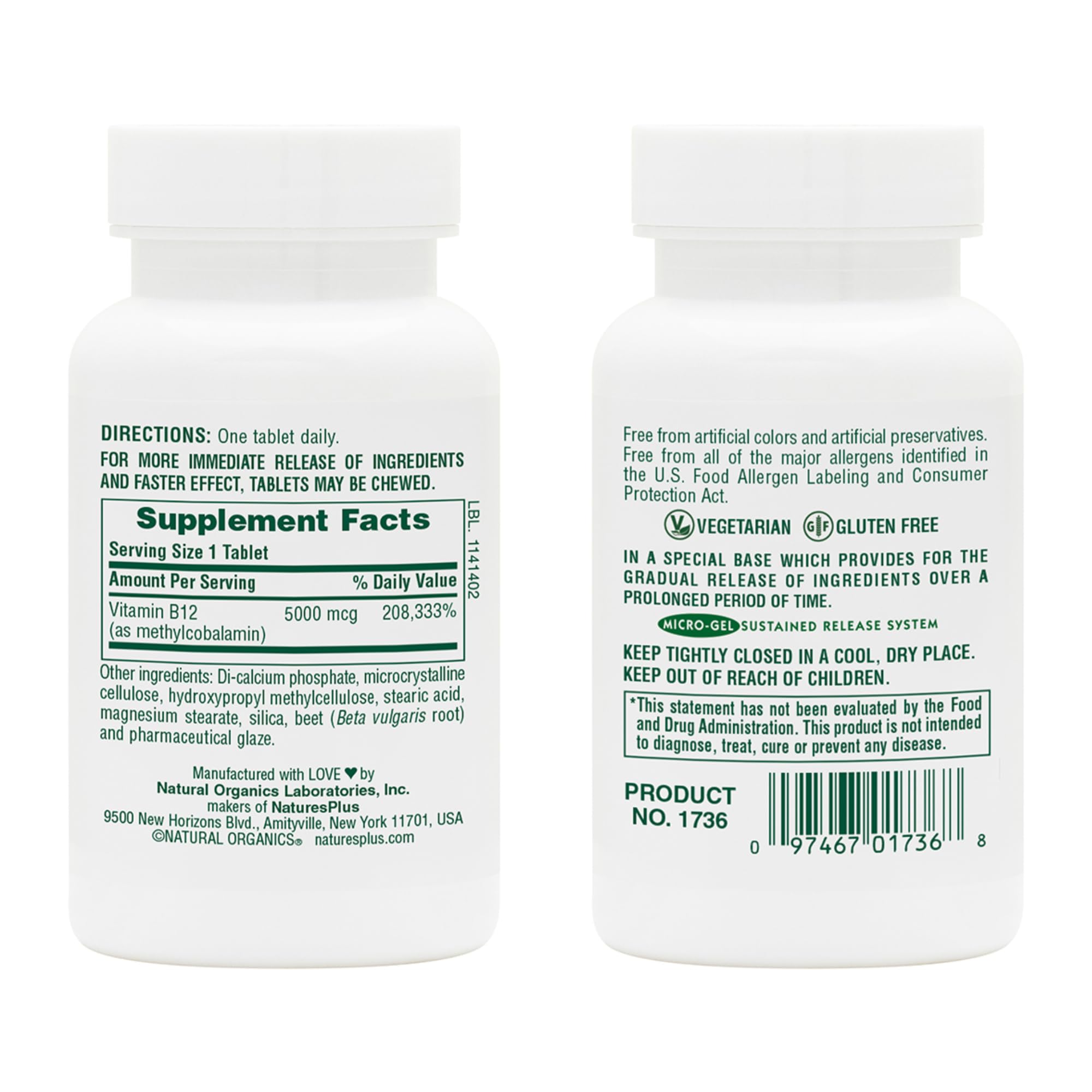 NaturesPlus Shot-O-B12 5000 mcg, pack of 2, convenient daily B12.