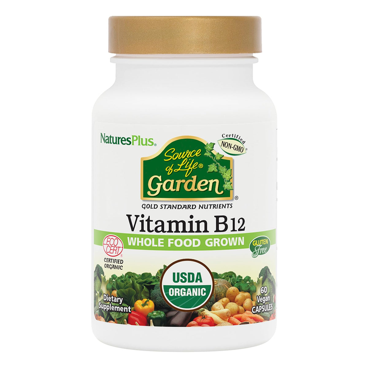 NaturesPlus Source of Life B12 bottle shows energy-supporting blend in a certified organic product.