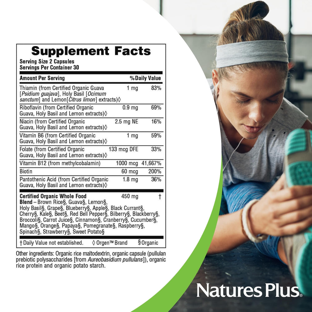 NaturesPlus Source of Life B12 label photo emphasizes organic certification and quality.