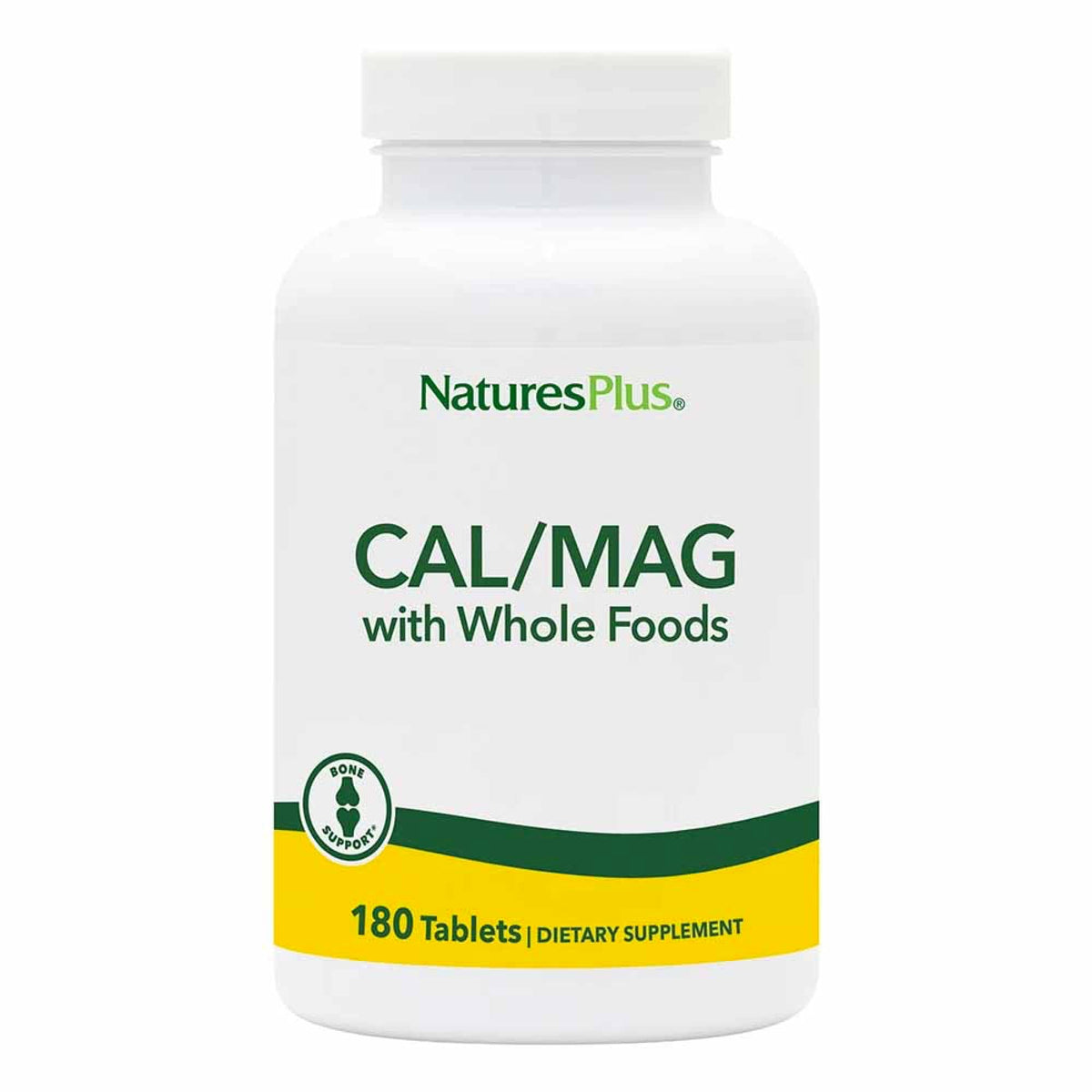 NaturesPlus Source of Life Cal/Mag bottle front for daily bone support.