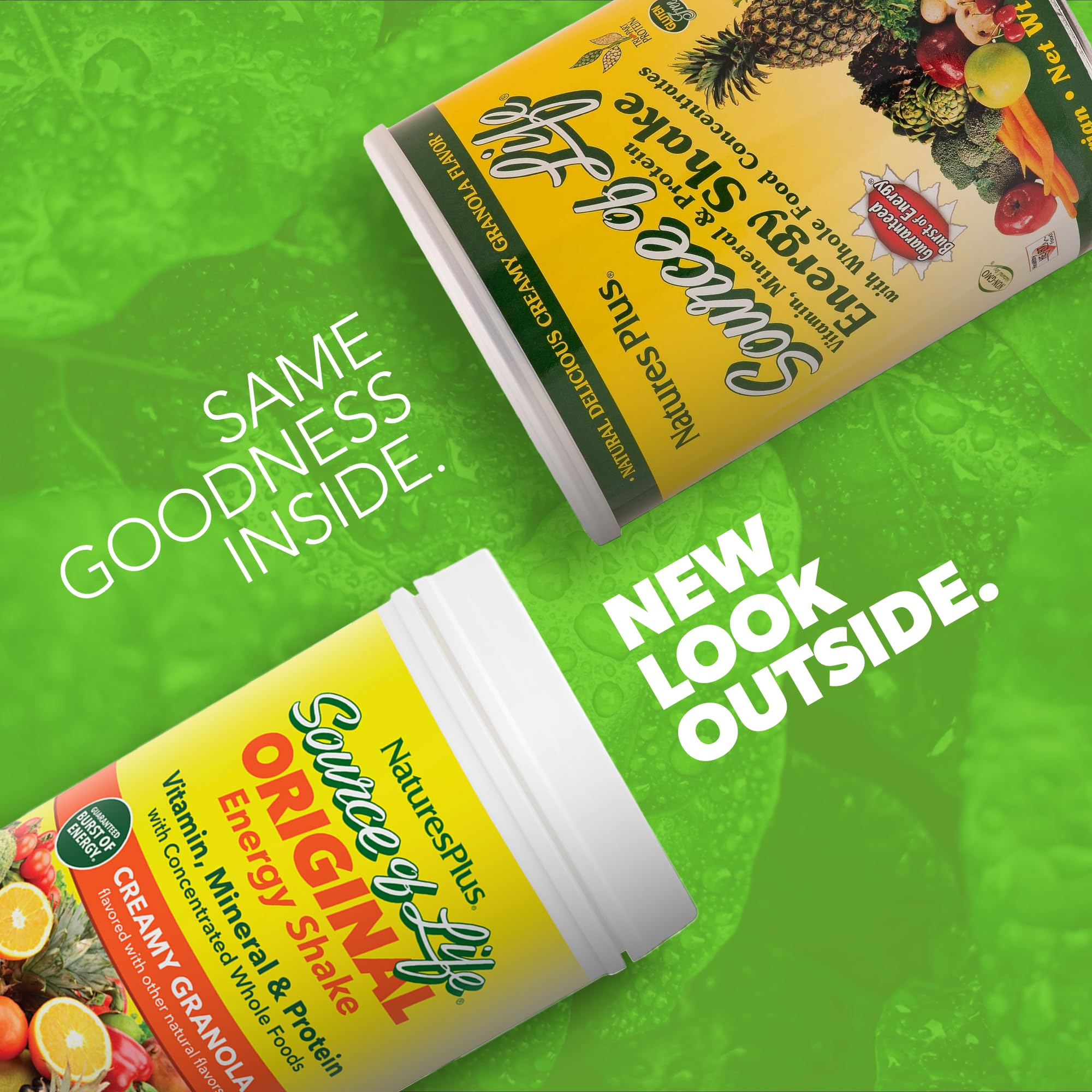 NaturesPlus Source of Life Energy Shake granola tub highlighting whole food ingredients for a meal replacement.
