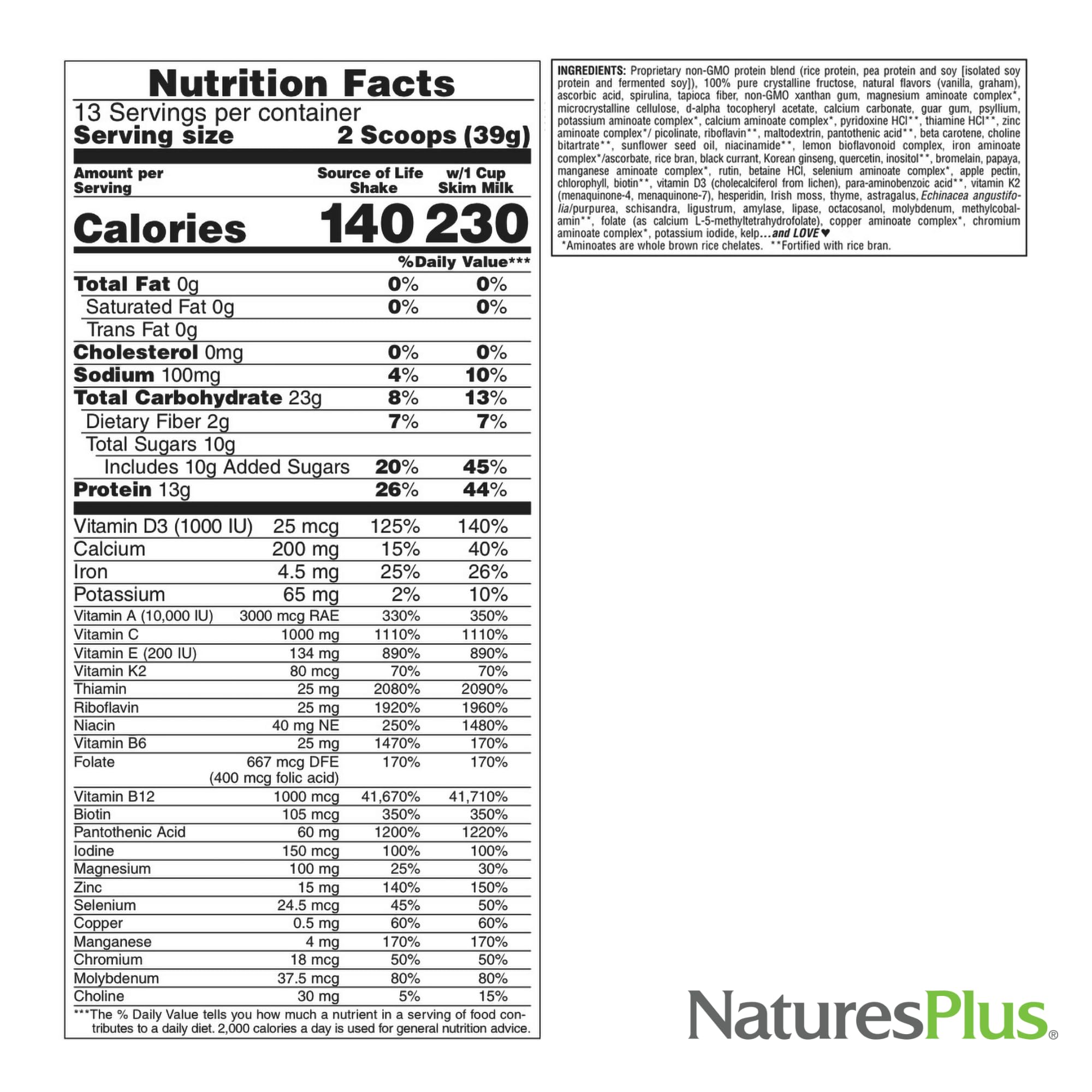 NaturesPlus Source of Life Energy Shake label close-up highlights ingredients.